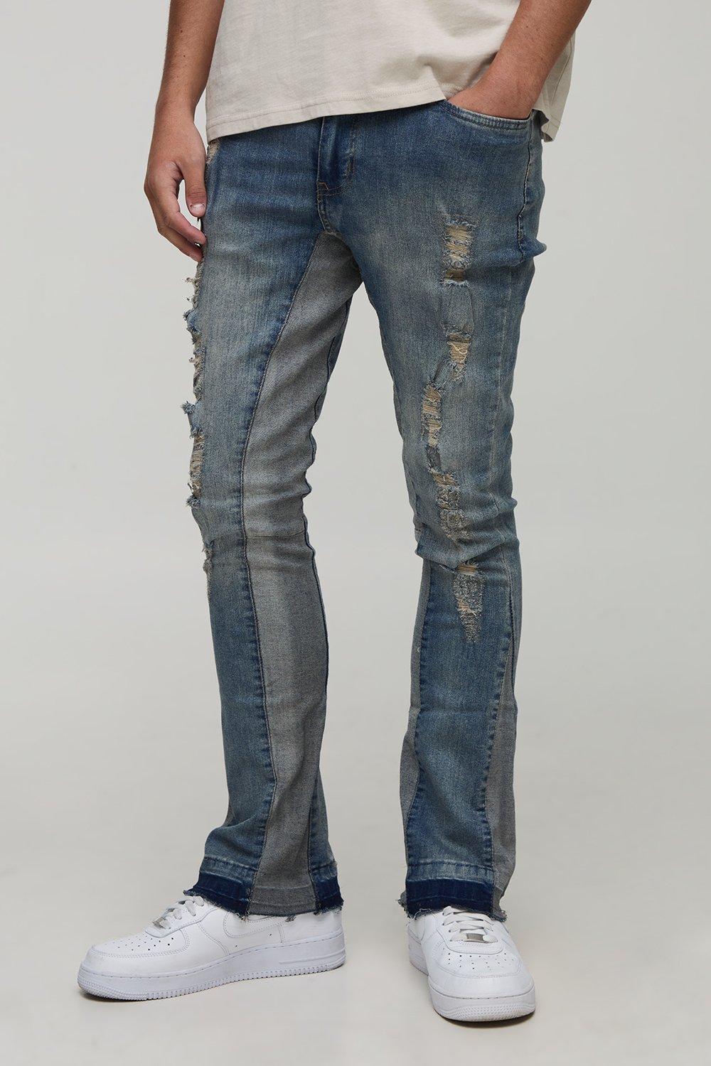 Image of Skinny Stretch Flared Washed Ripped Gusset Jeans, Azzurro