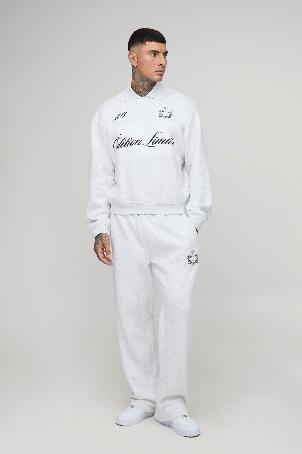 Mens Grey Tall Oversized Boxy Edition Collared Sweatshirt Tracksuit, Grey