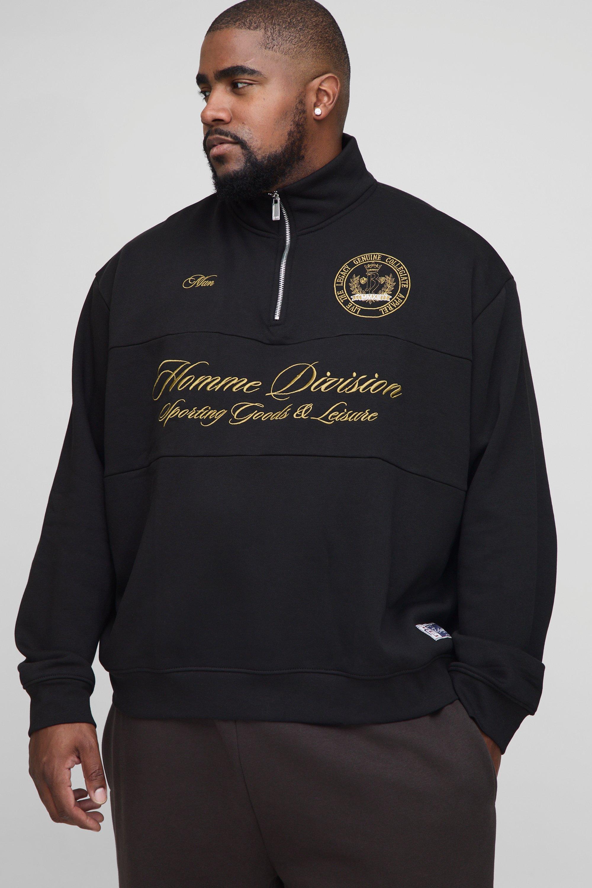 Mens Black Plus Oversized Boxy Homme Quarter Zip Funnel Neck Sweatshirt, Black