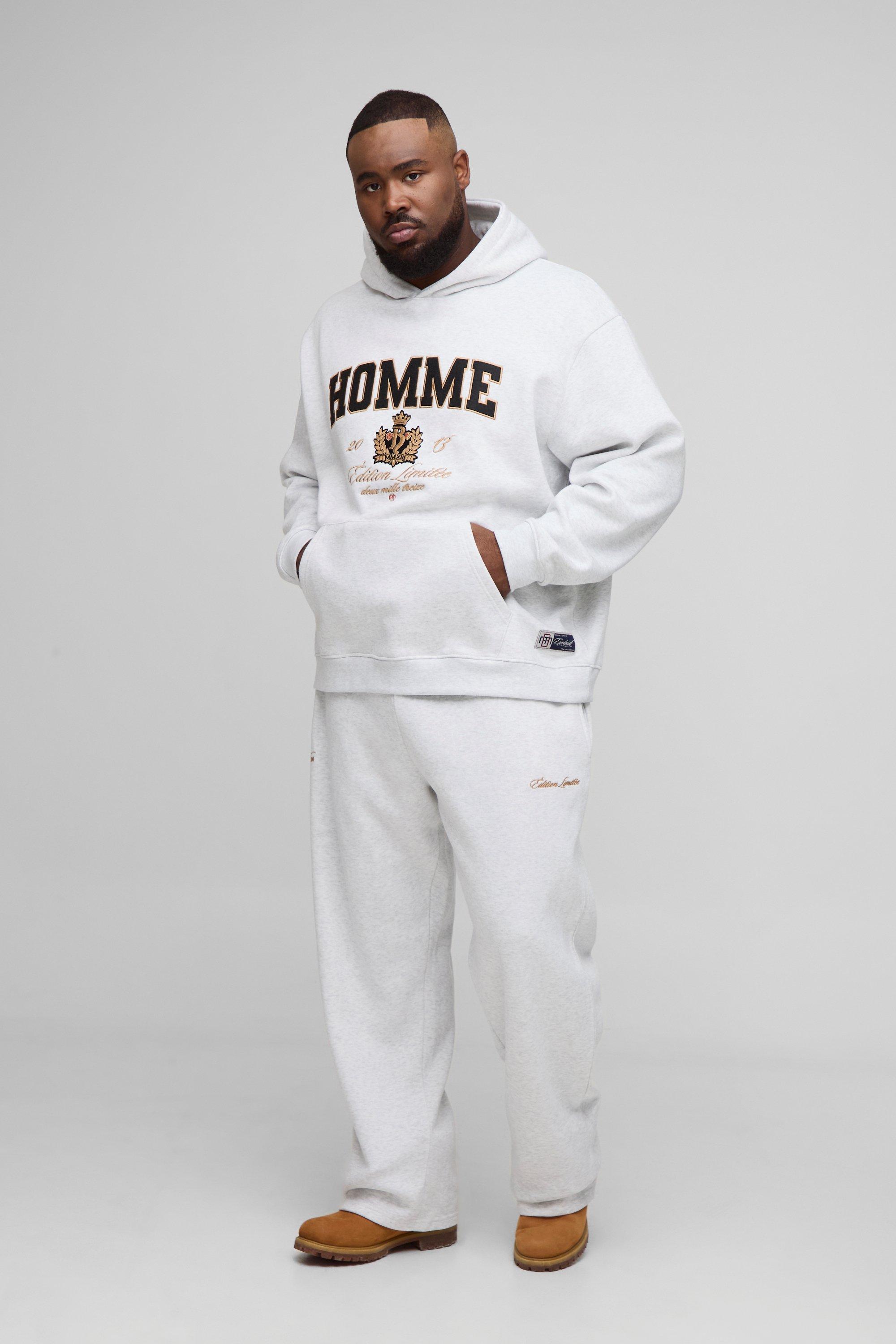 Image of Plus Oversized Homme Varsity Applique Hooded Tracksuit, Grigio
