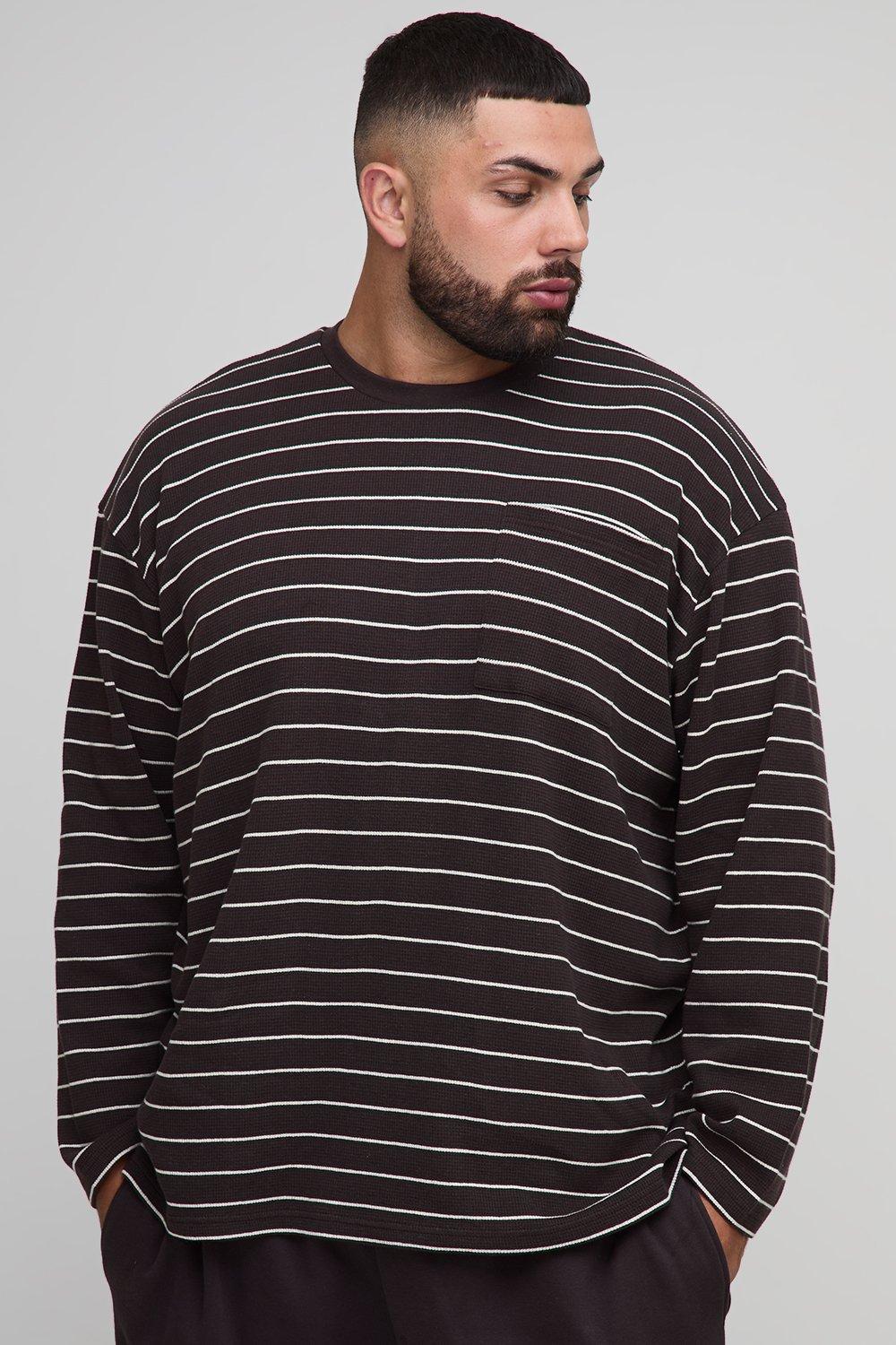 Mens Brown Plus Oversized Striped Heavyweight Long Sleeve T-Shirt, Brown