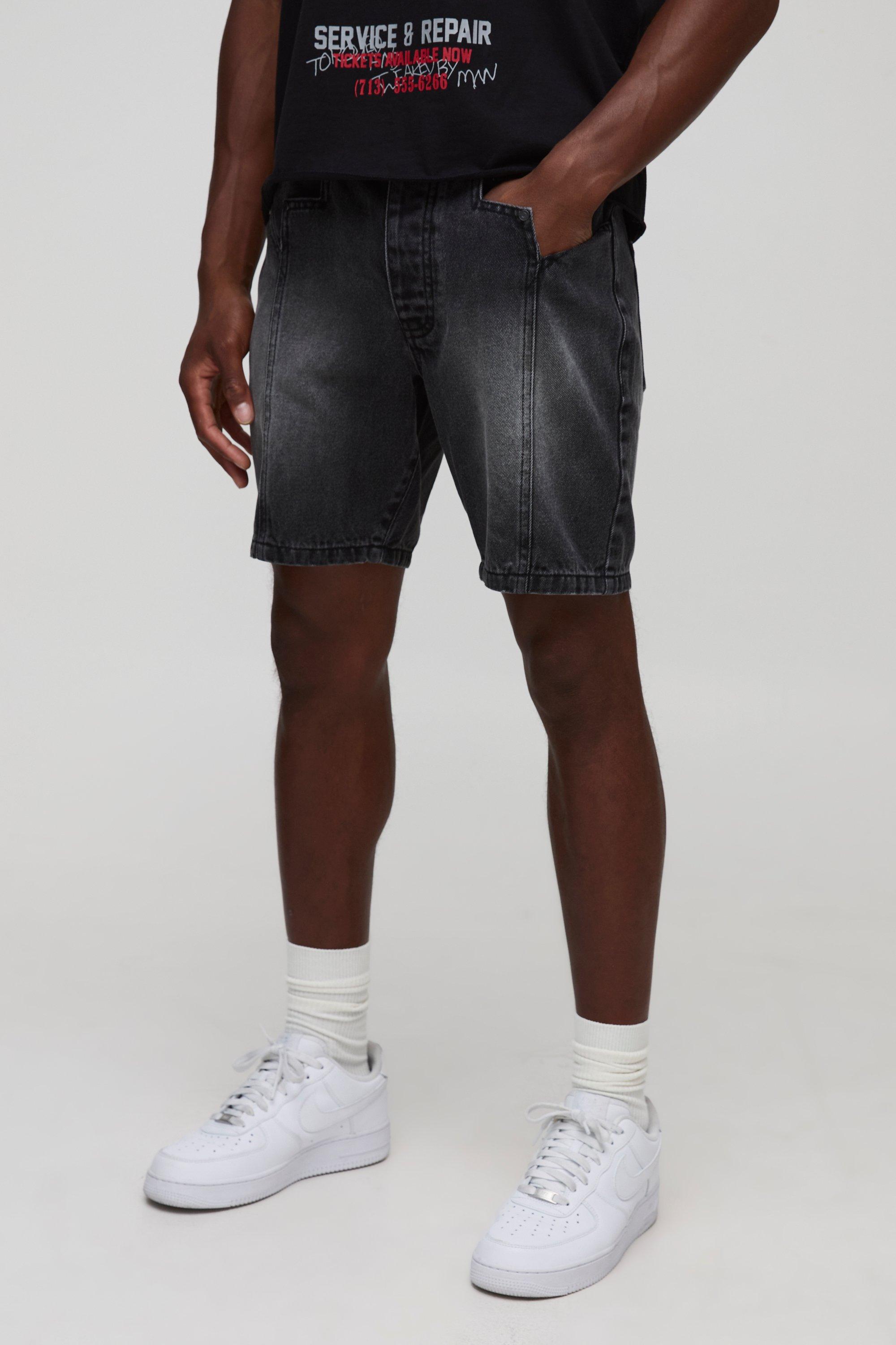 Mens Straight Fit Washed Black Panelled Denim Shorts, Black