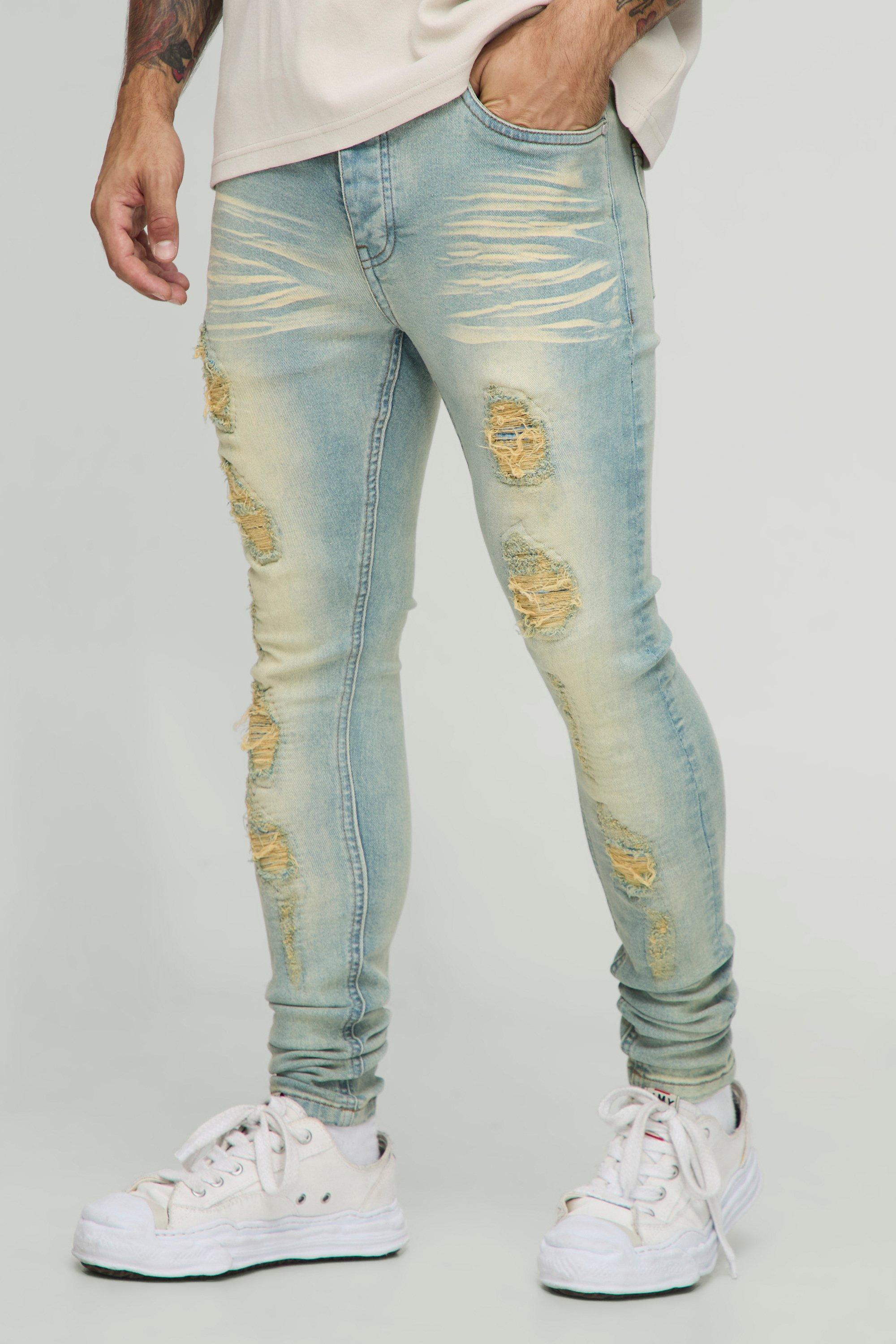 Image of Super Skinny Stretch Washed Biker Rip & Repair Jeans, Grigio