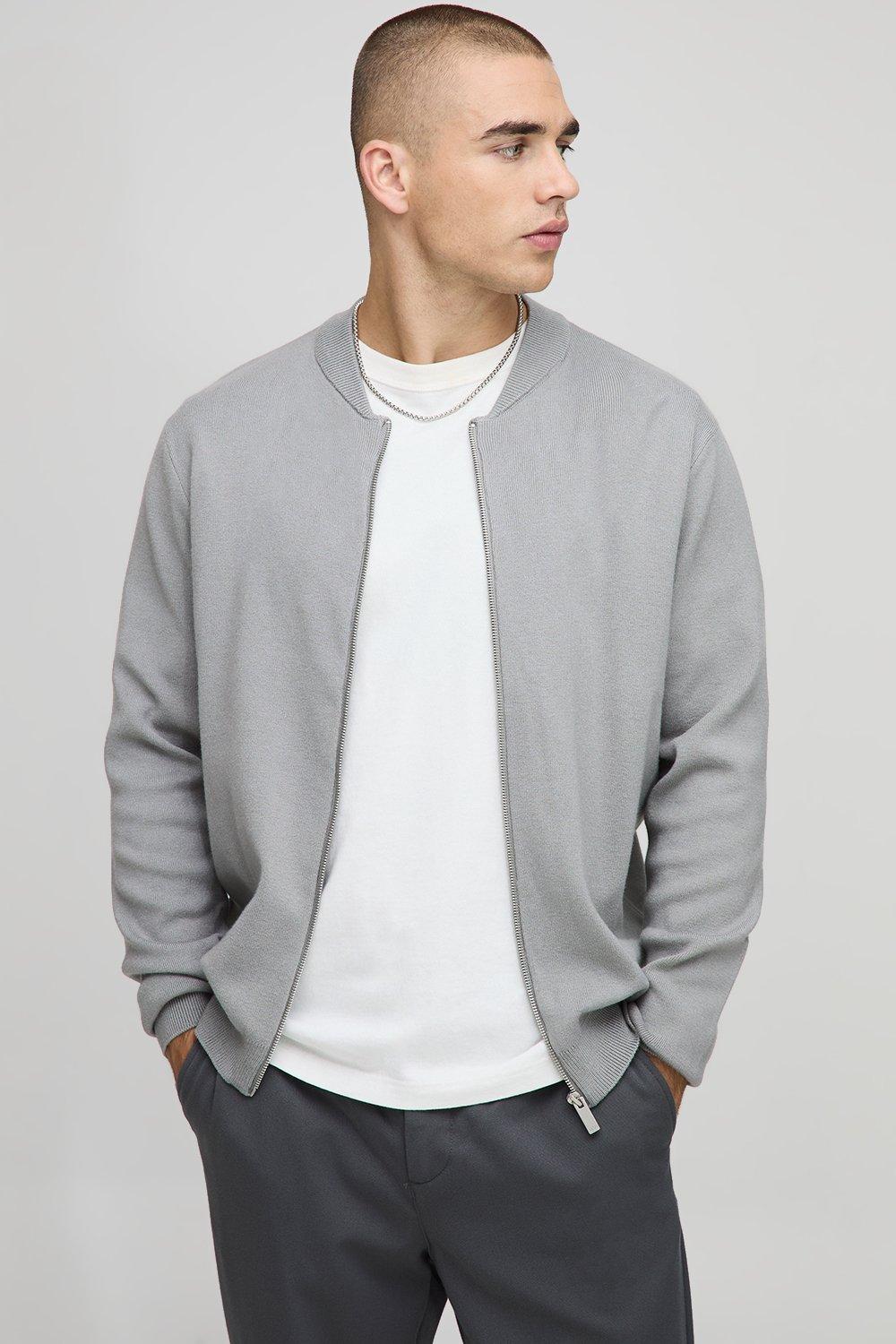 Image of Regular Fit Smart Knitted Bomber Jacket, Grigio