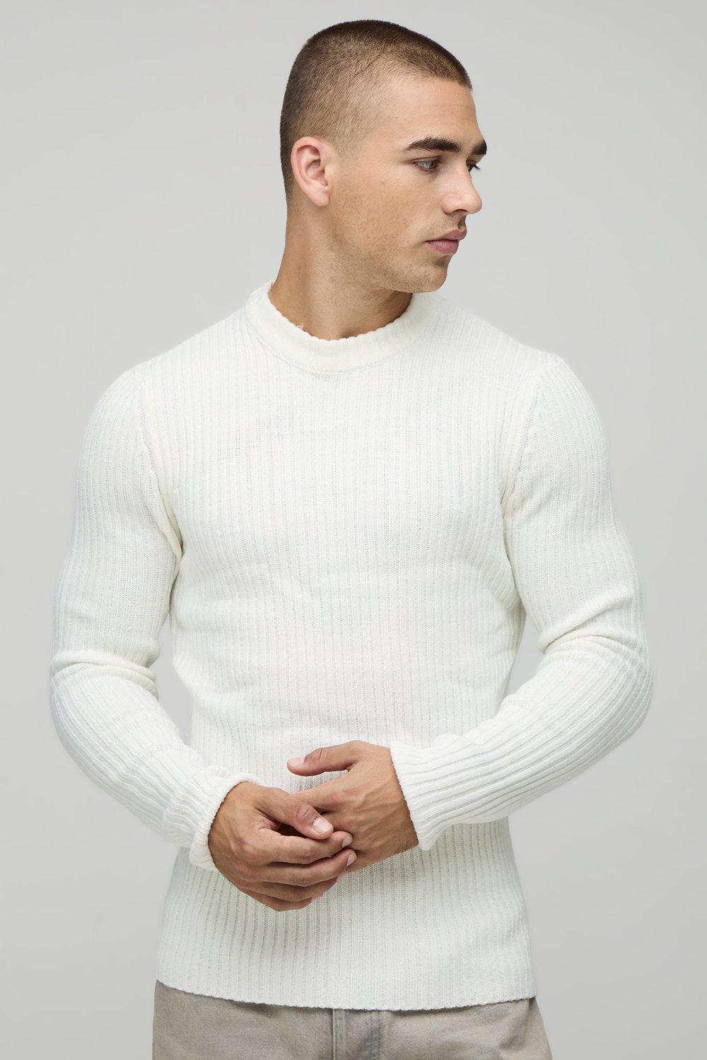 Mens Cream Muscle Fit Ribbed Knitted Jumper, Cream