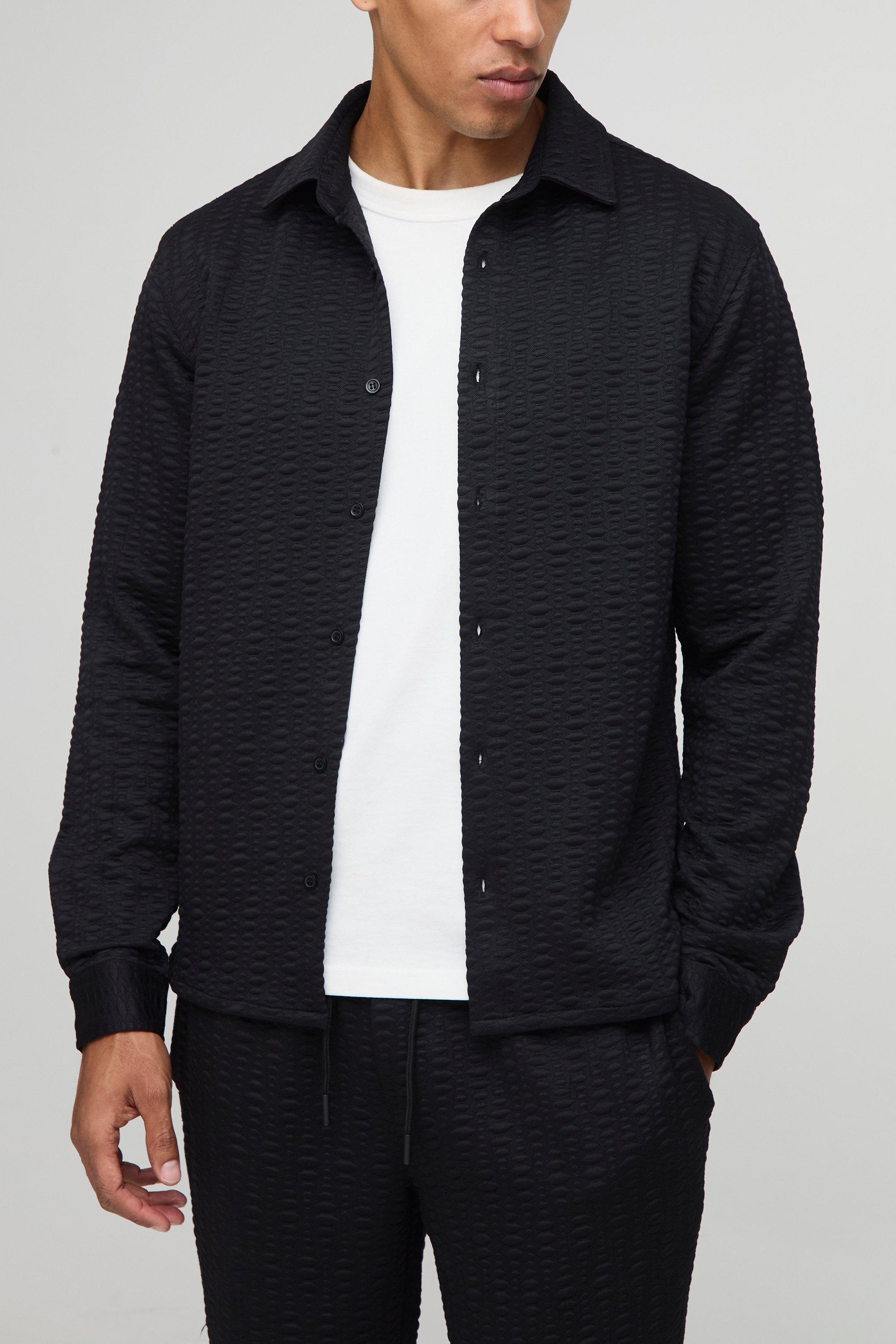 Mens Black Long Sleeve Textured Stretch Shirt And Trousers Set, Black