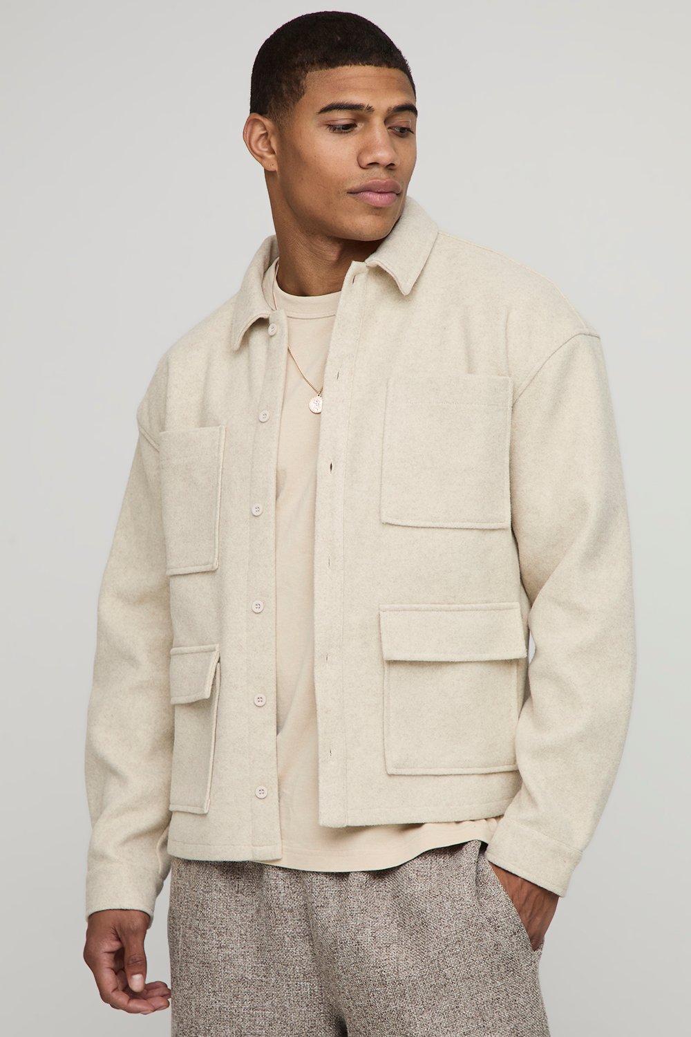 Mens Beige Oversized Melton Pocket Detail Overshirt, Beige