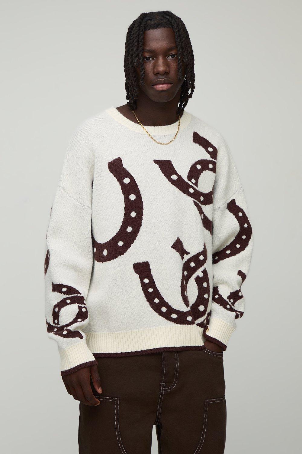 Mens Cream Oversized Dropped Shoulder Horse Shoe Jacquard Knitted Jumper, Cream
