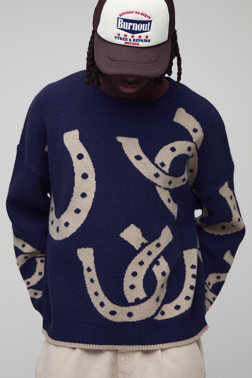 Image of Oversized Dropped Shoulder Horse Shoe Jacquard Knitted Jumper, Navy