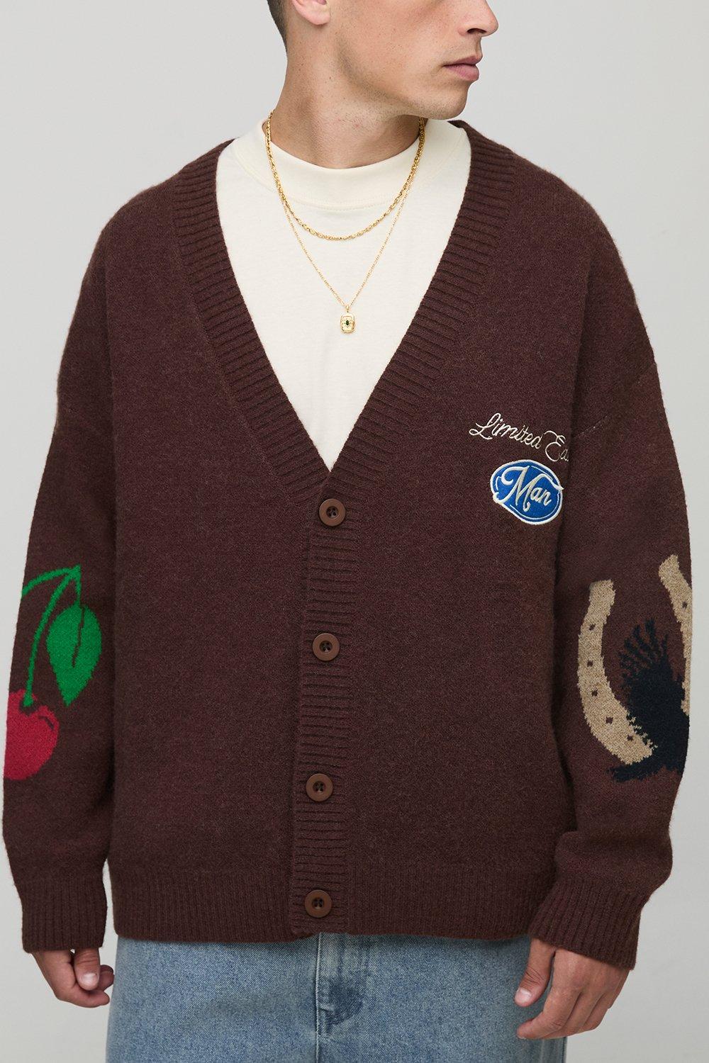 Mens Brown Western Jacquard Knitted Cardigan, Brown