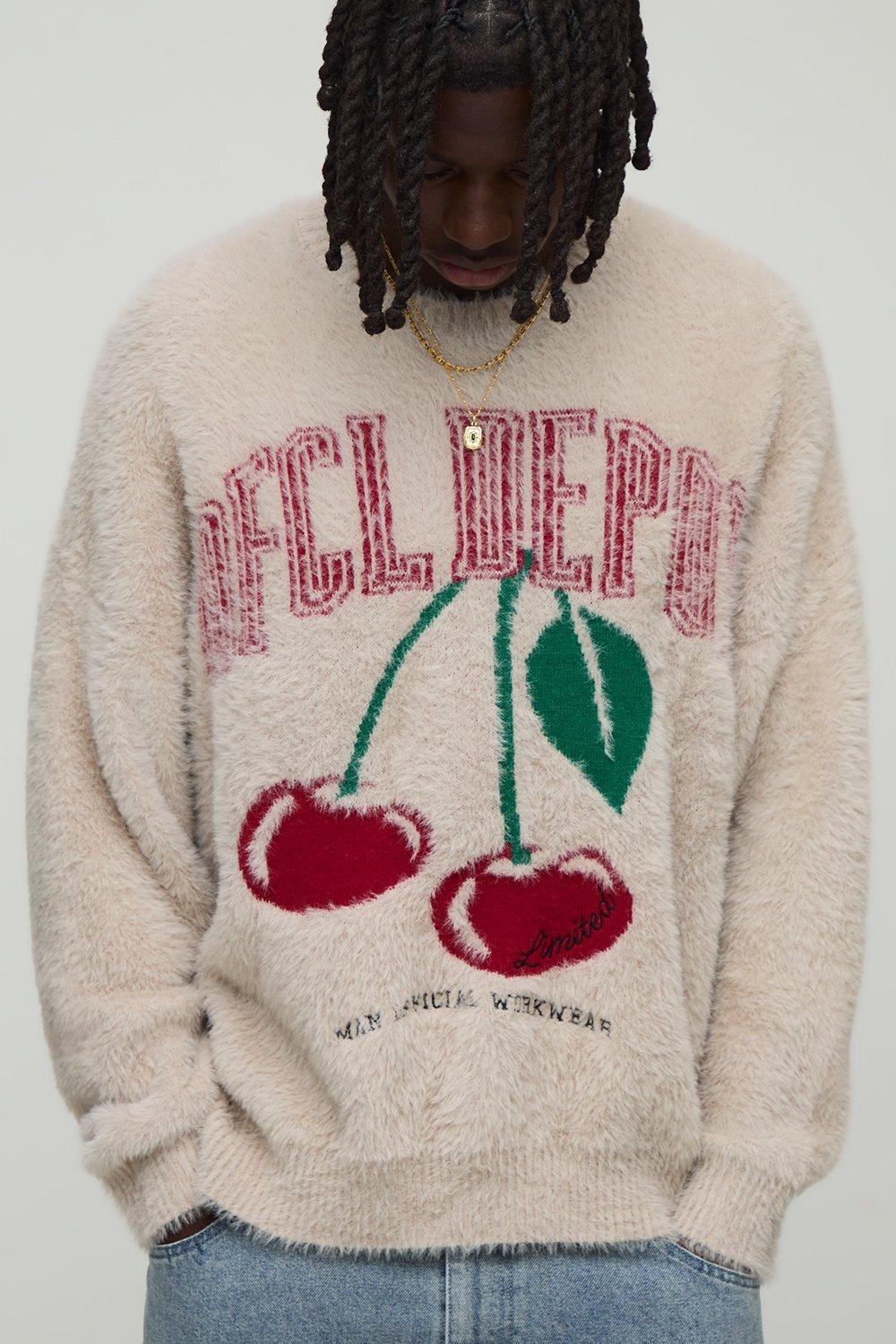 Mens Cream Regular Fit Cherry Graphic Extreme Fluffy Knitted Jumper, Cream
