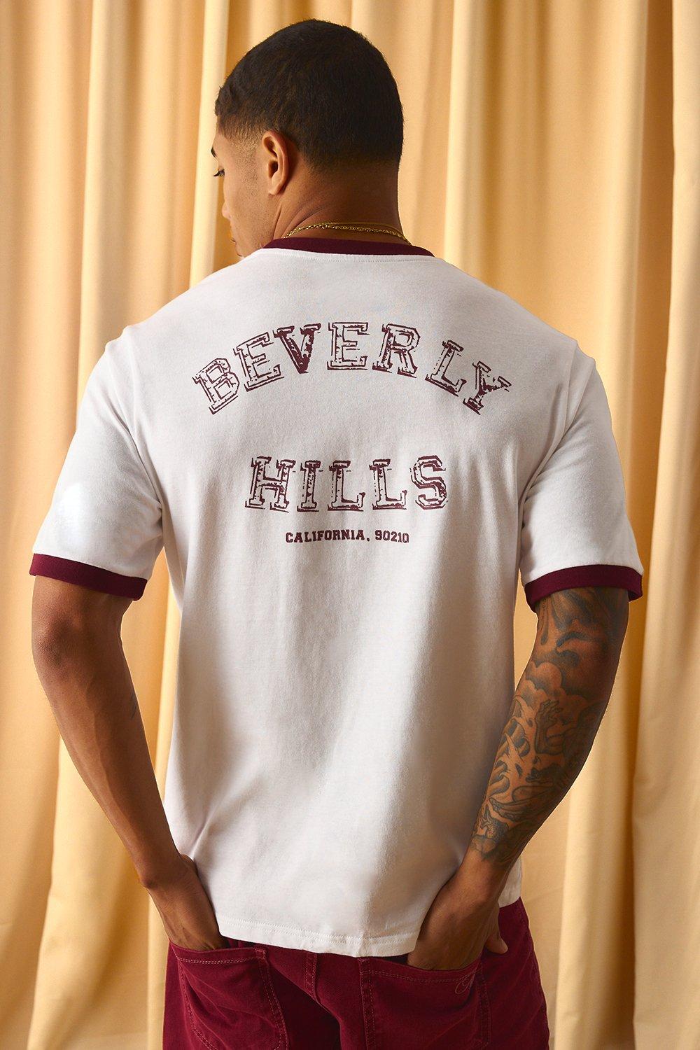 Image of Regular Beverly Hills Varsity Ringer T-Shirt, Bianco