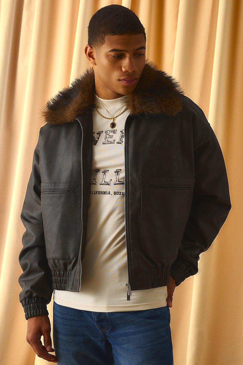 Mens Black Oversized Boxy Fit Antique PU Bomber with Faux Fur Collar, Black