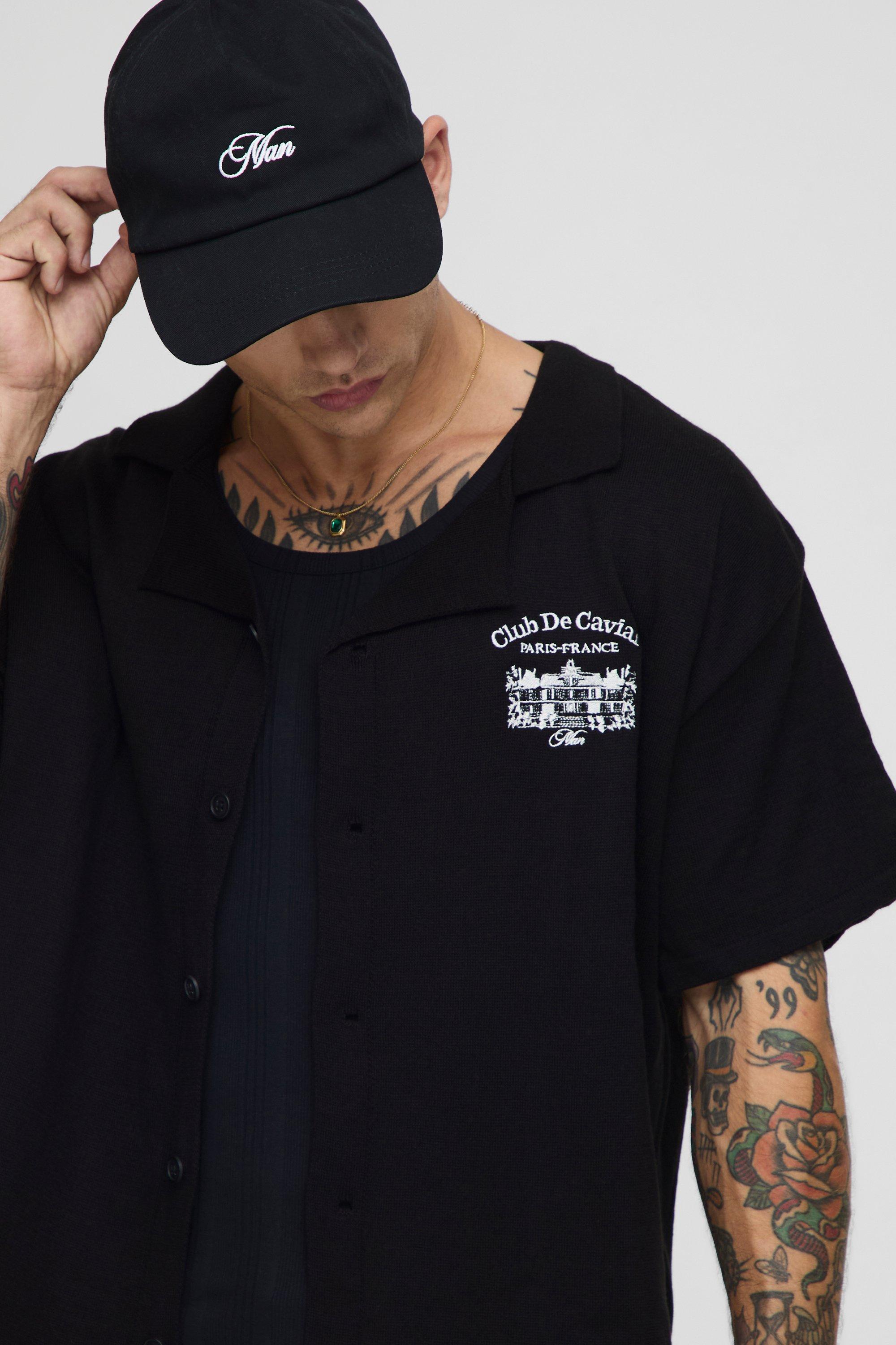 Mens Black Boxy Fit Resort Embroidered Revere Knitted Shirt, Black
