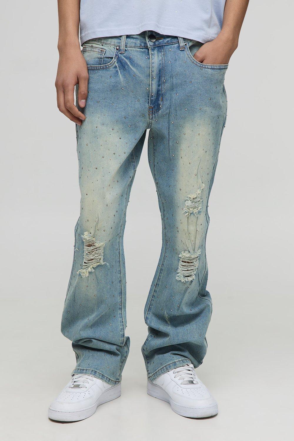 Image of Slim Flared Scattered Rhinestone Ripped Jeans, Azzurro