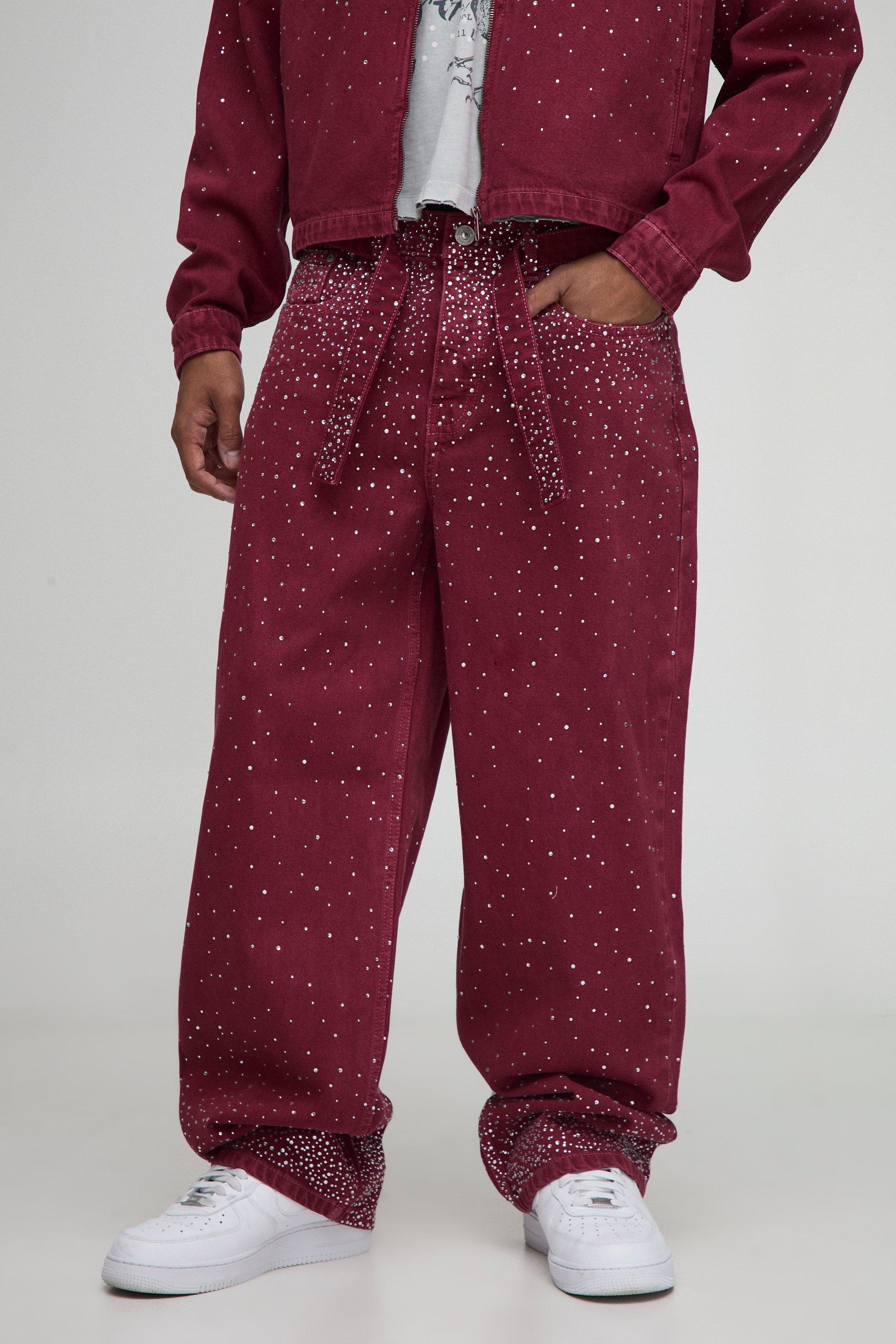 Relaxed Fit Belted Rhinestone Red Washed Jeans