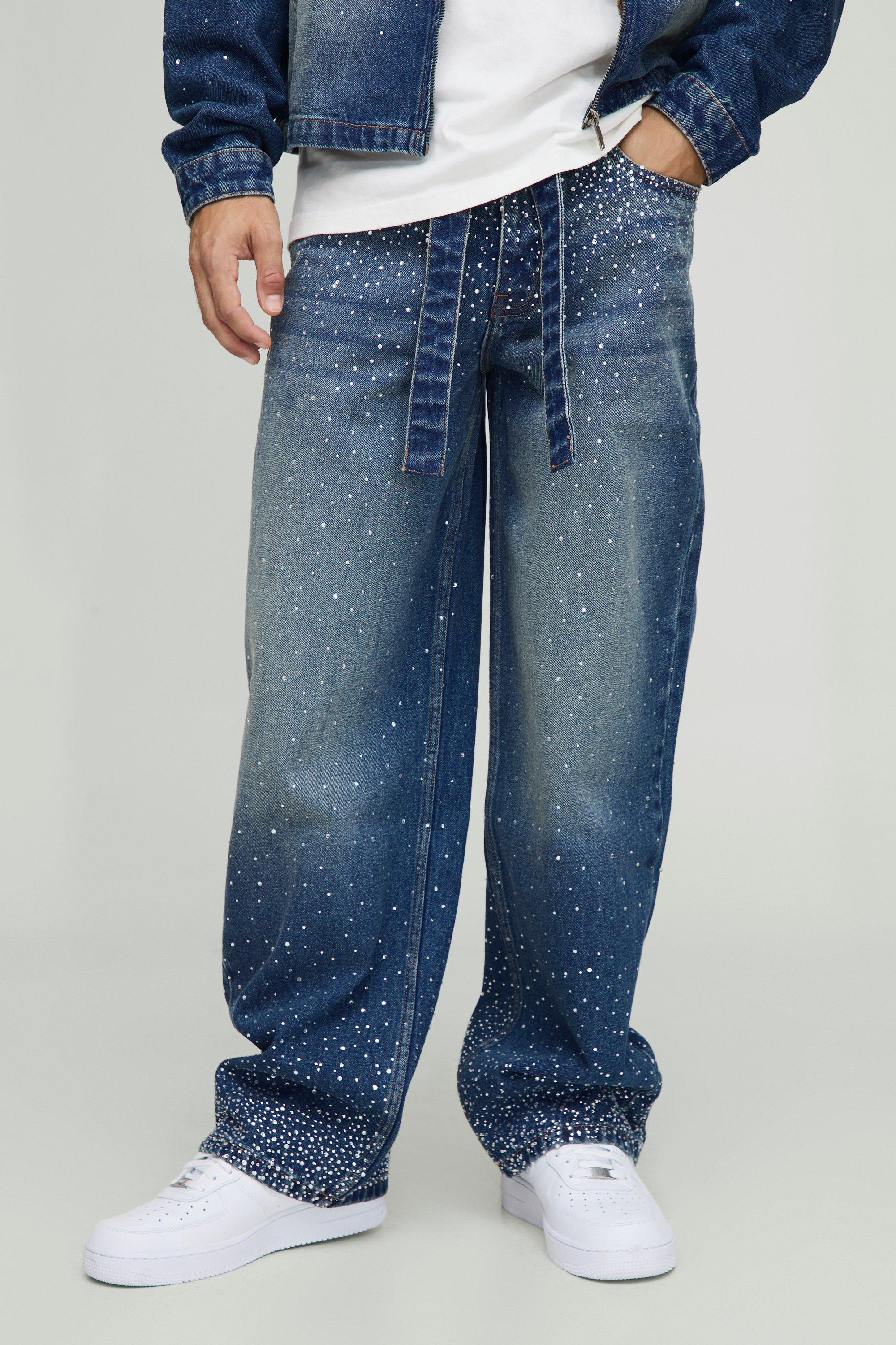 Image of Relaxed Fit Belted Rhinestone Blue Washed Jeans, Azzurro