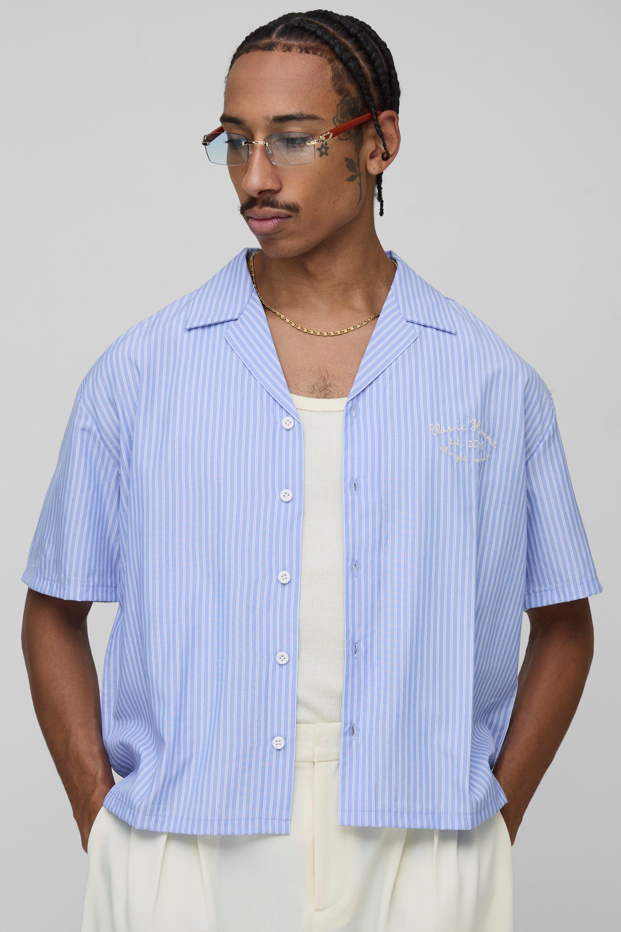 Mens Navy Oversized Boxy Stripe Embroidered Revere Collar Shirt, Navy