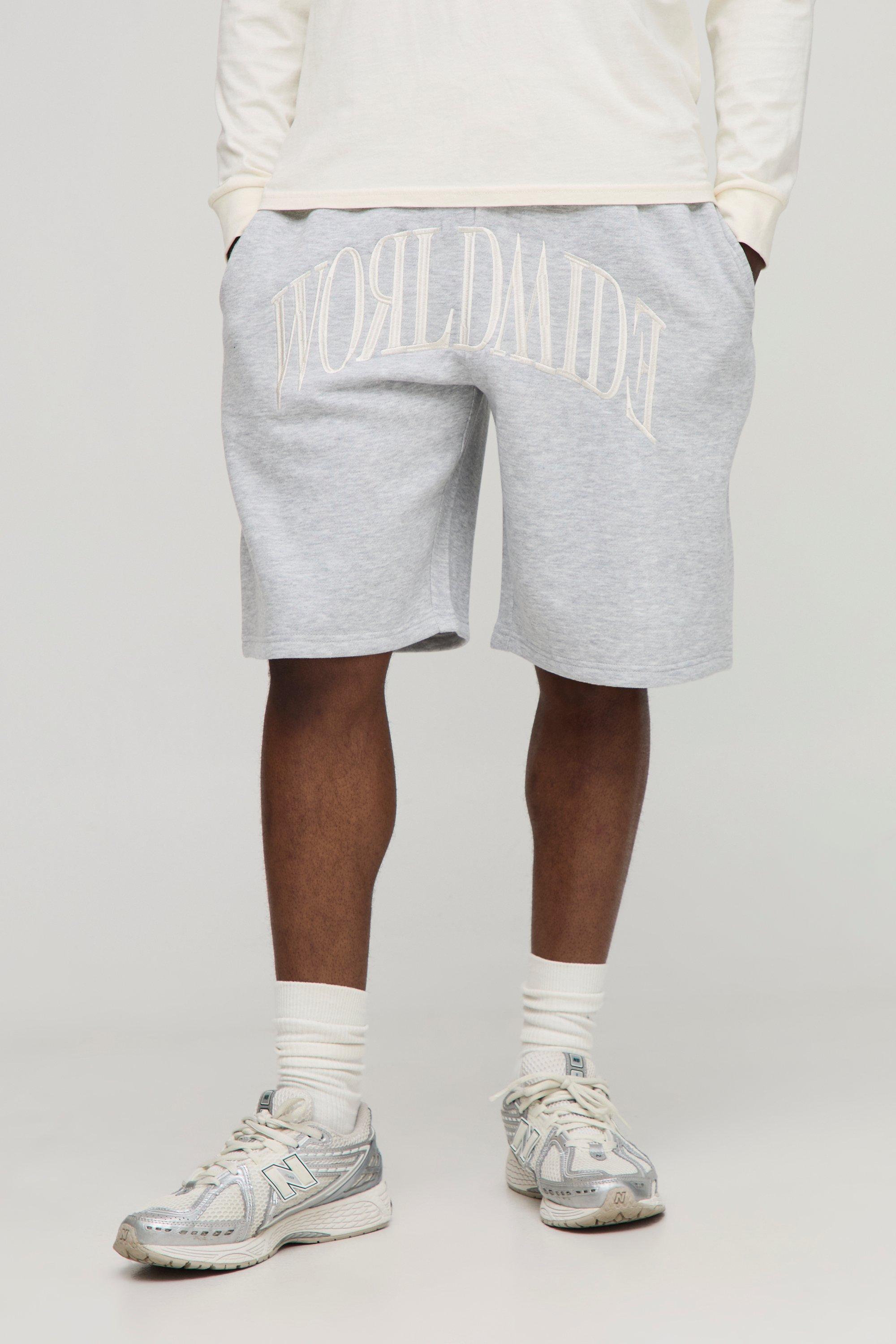 Mens Grey Marl Oversized Worldwide Embroidered Mid Length Shorts, Grey