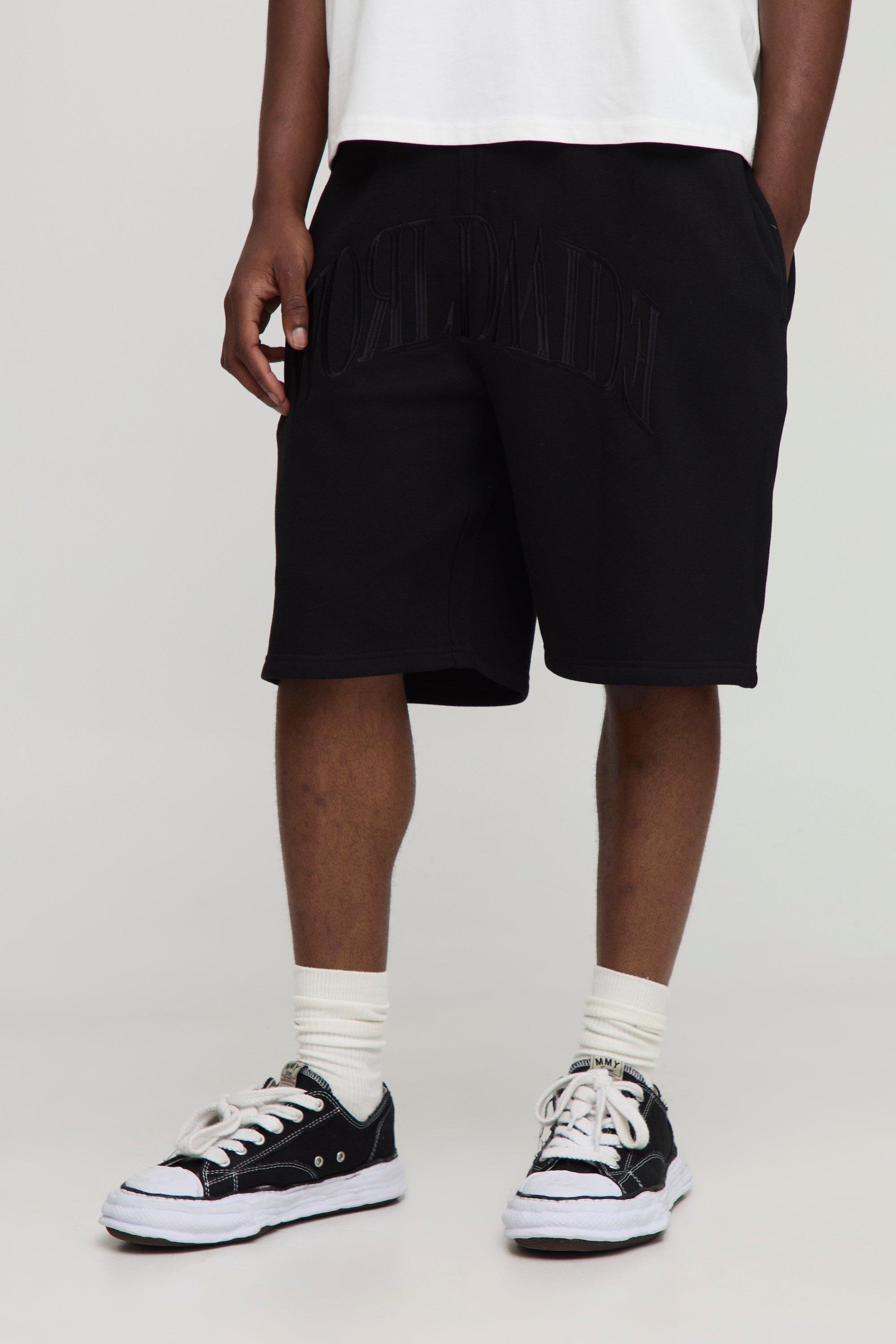 Mens Black Oversized Tonal Worldwide Embroidered Mid Length Shorts, Black