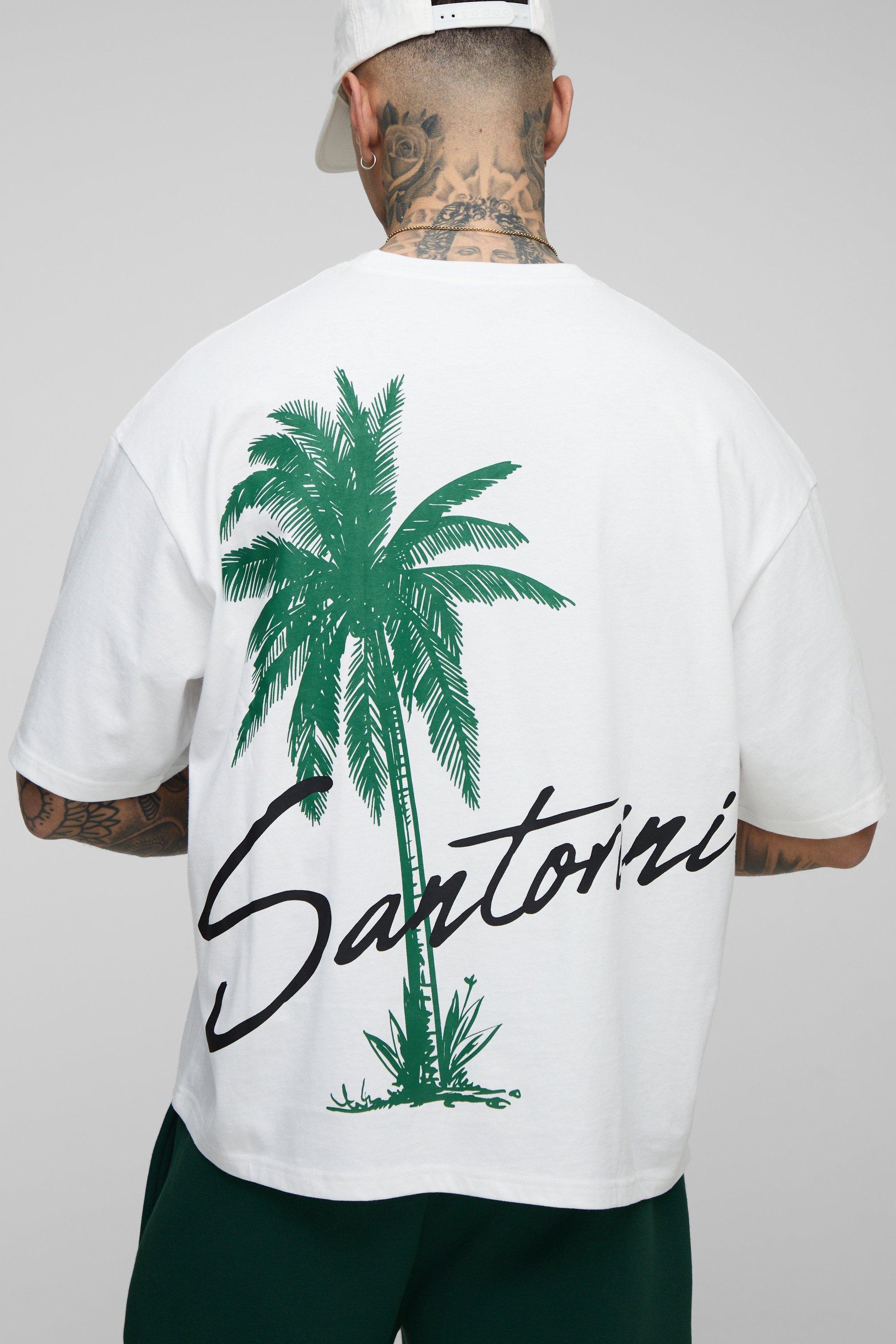 Mens White Tall Oversized Boxy Santorini Print T-Shirt, White