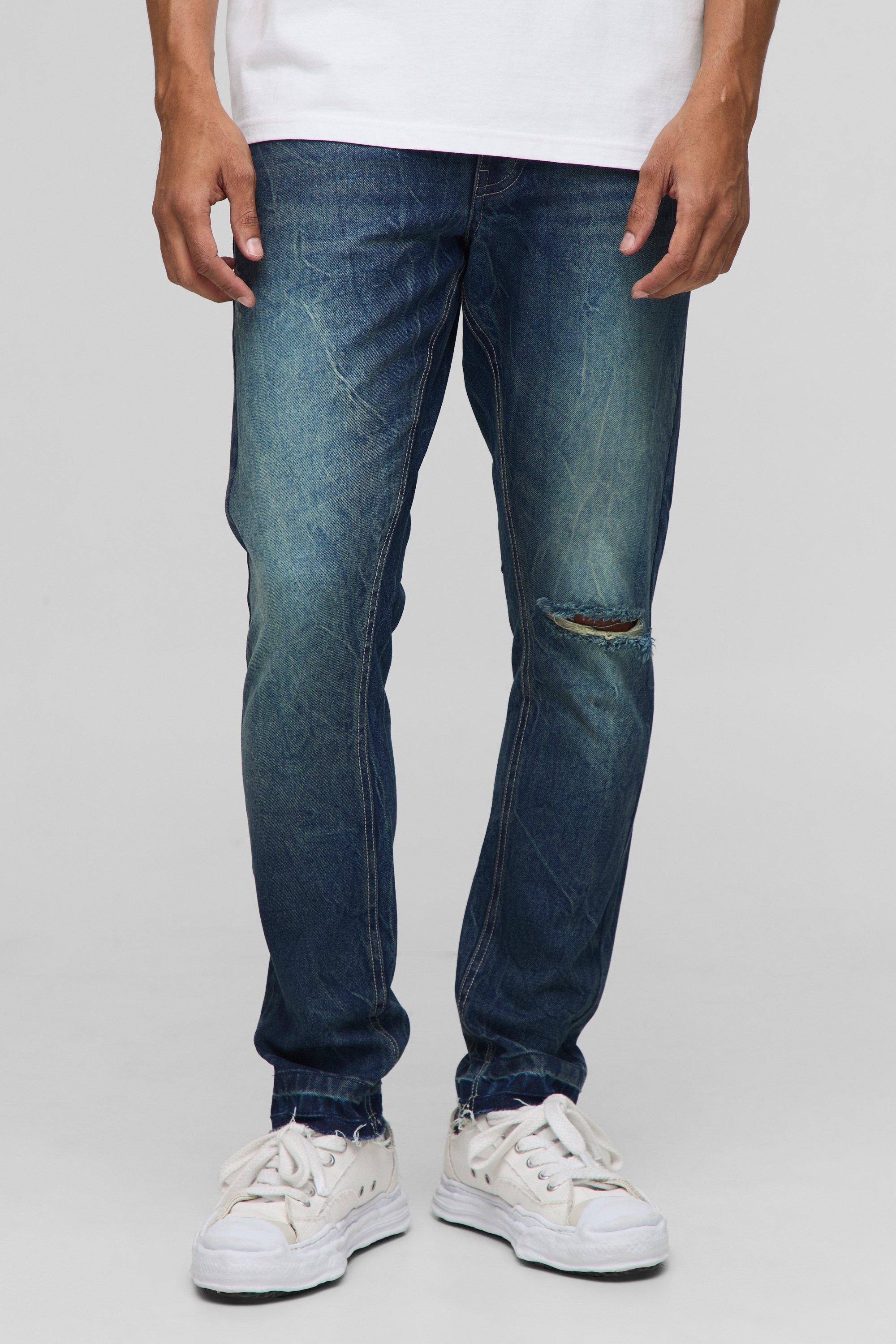 Mens Blue Slim Fit Subtle Ripped Tinted Jeans With Let Down Hem, Blue