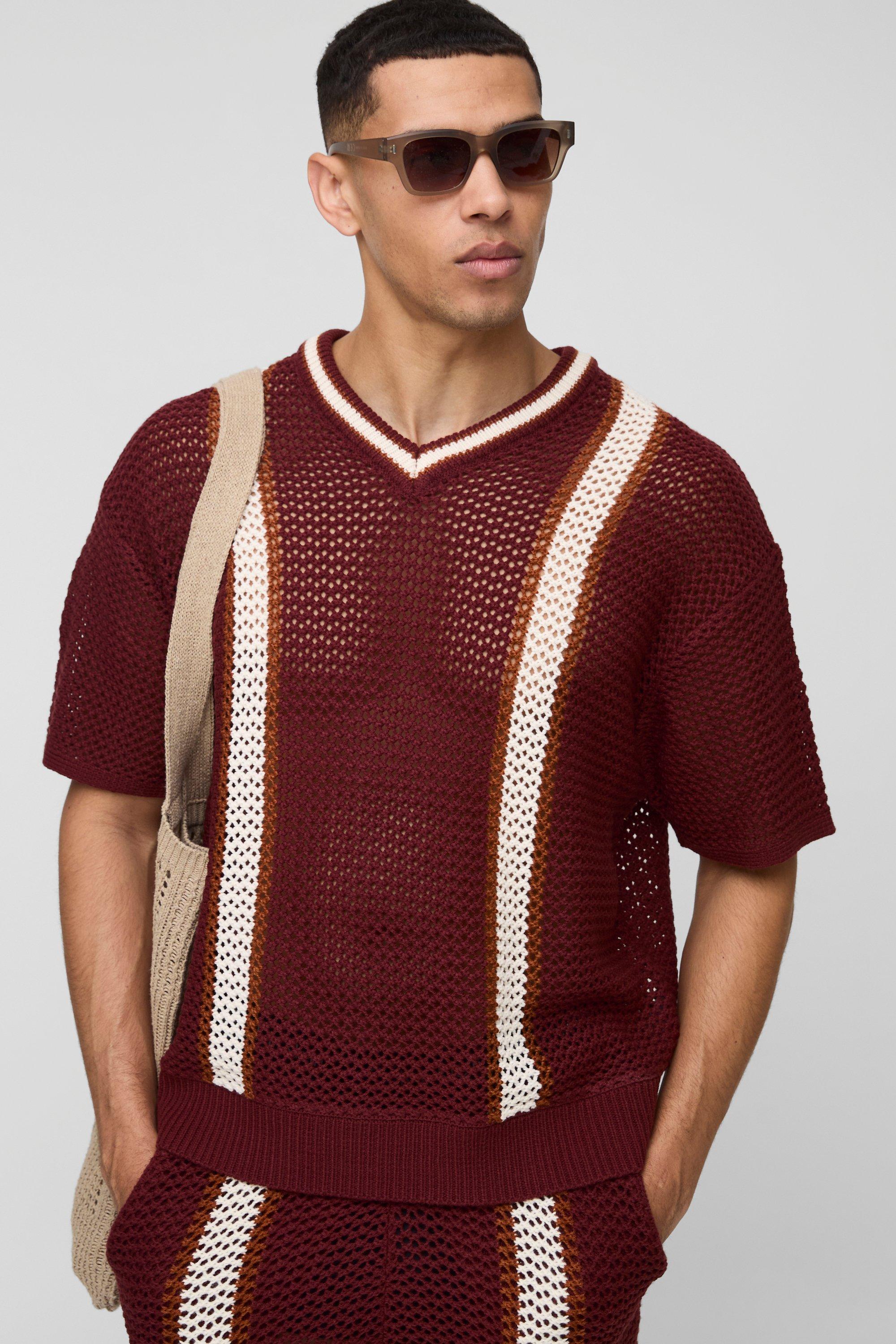 Boxy Fit Open Stitch V Neck Striped Knitted T-Shirt