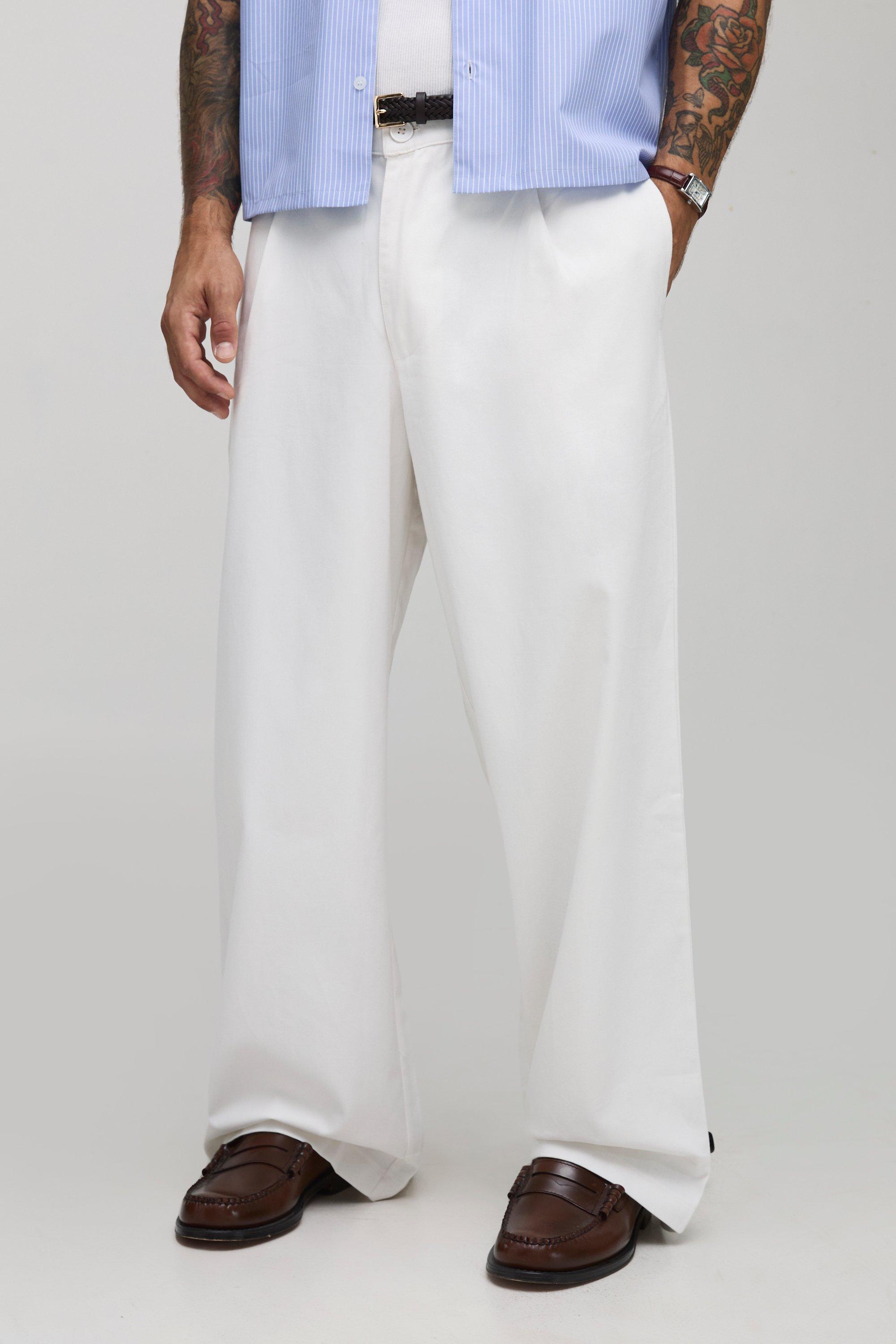 Mens White Wide Leg Embroidered Twill Trouser, White