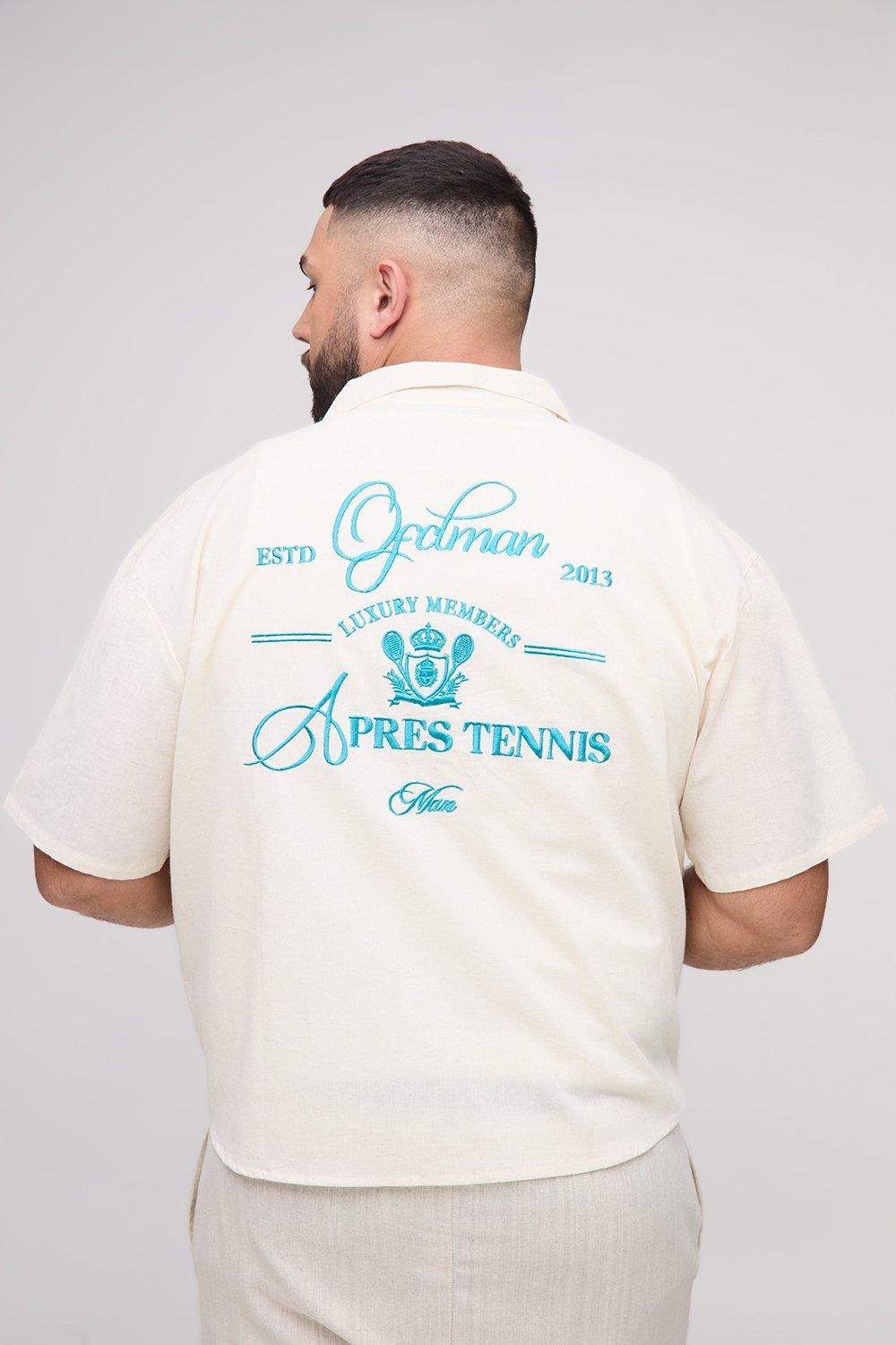 Image of Plus Oversized Boxy Revere Linen Look Apres Tennis Embroidered Shirt, Beige