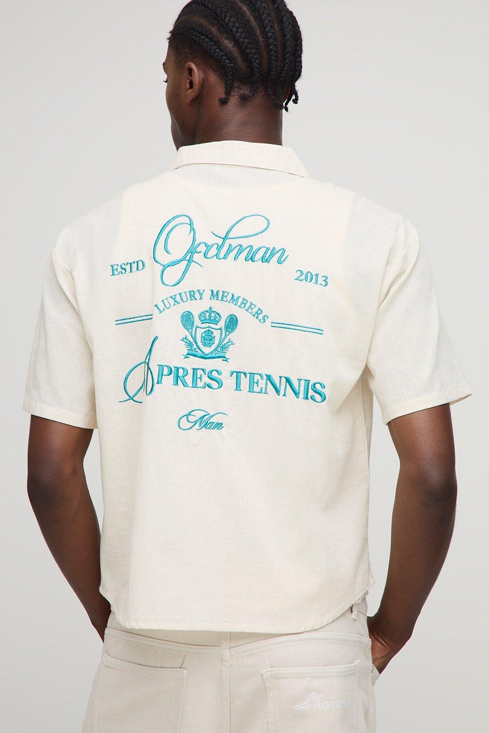 Mens Beige Oversized Boxy Revere Linen Look Apres Tennis Embroidered Shirt, Beige