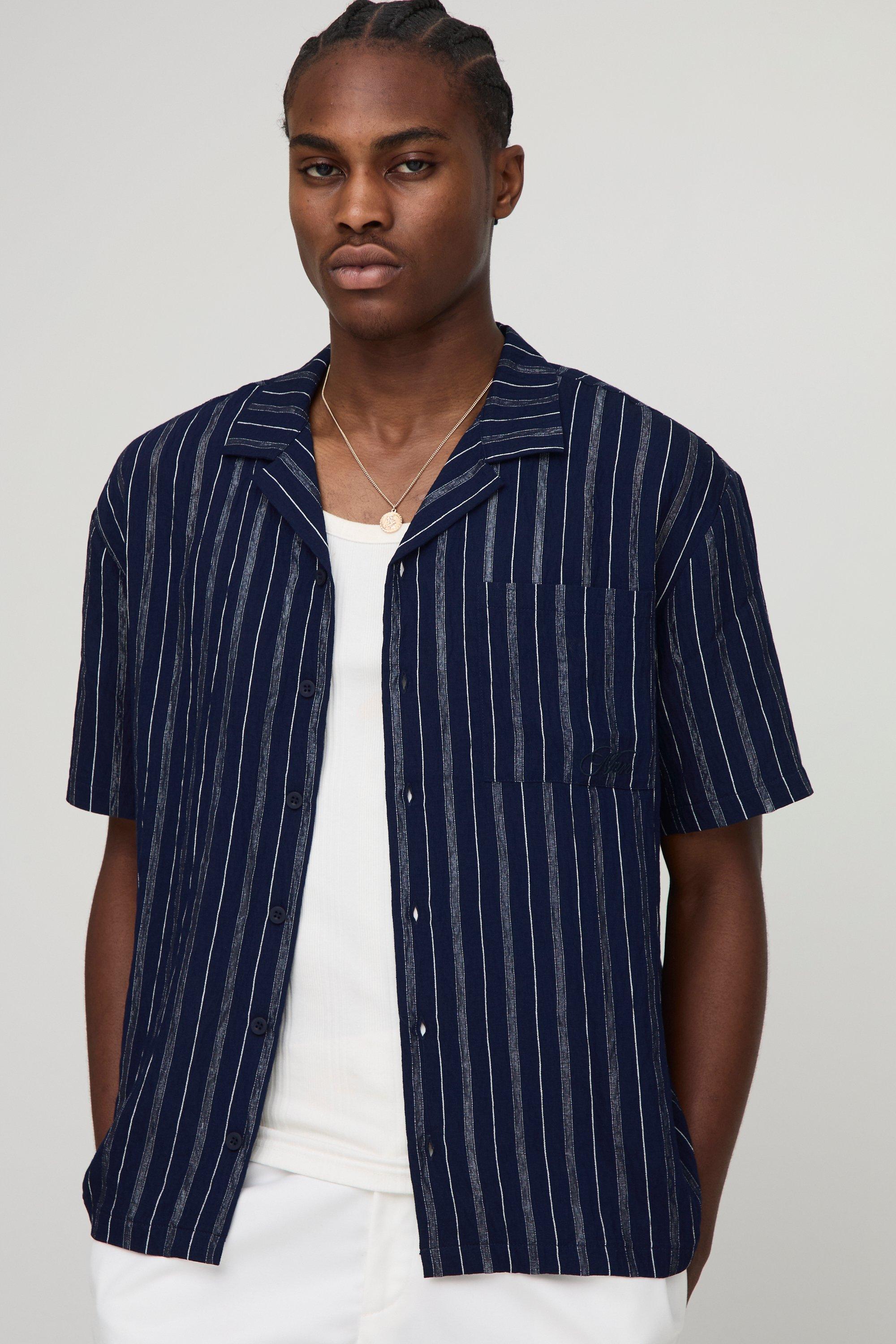Mens Navy Oversized Revere Embroidered Stripe Short Sleeve Shirt, Navy