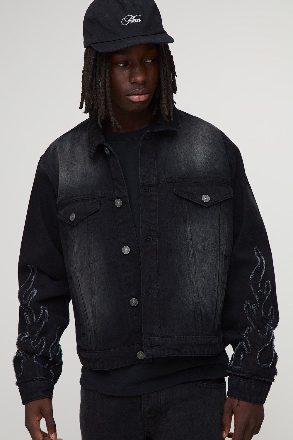 Image of Flame Applique Regular Fit Denim Jacket, Nero