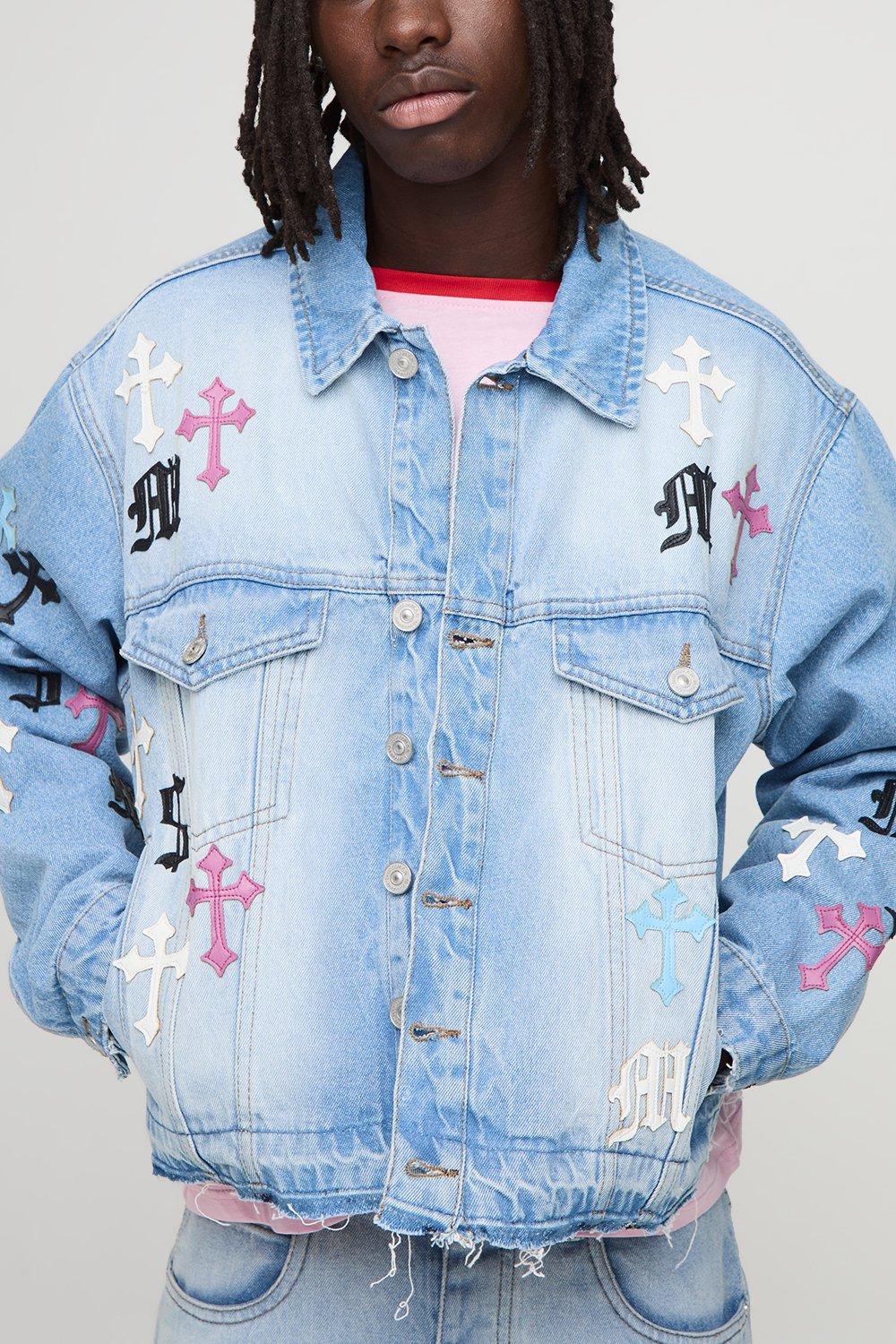 Image of Boxy Fit PU Applique Denim Jacket, Grigio