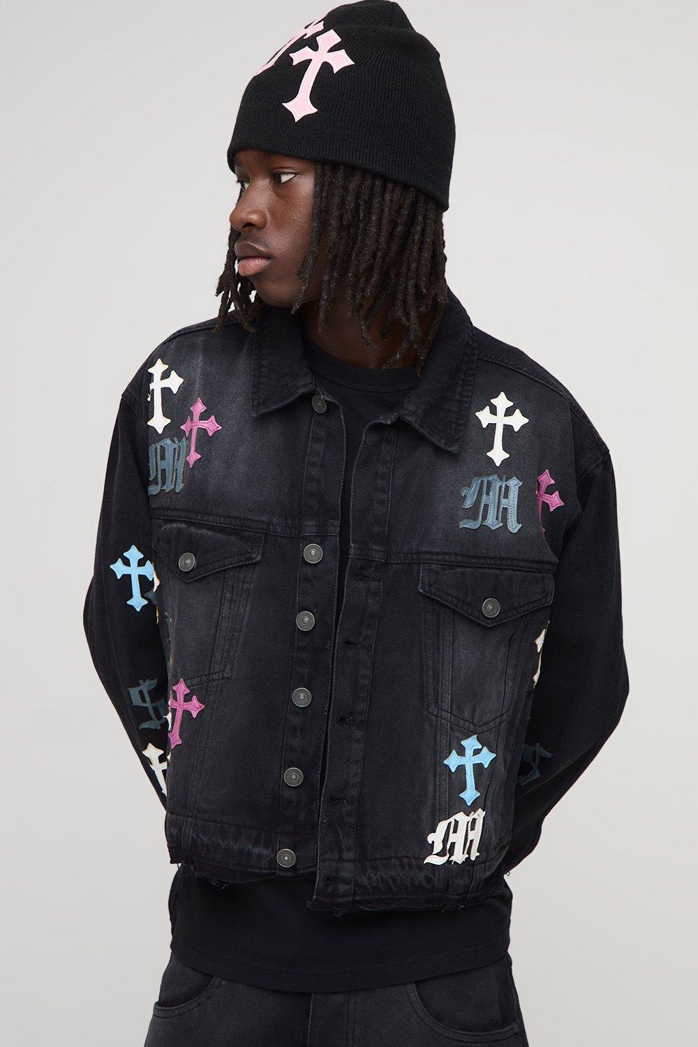 Image of Boxy Fit PU Applique Denim Jacket, Nero
