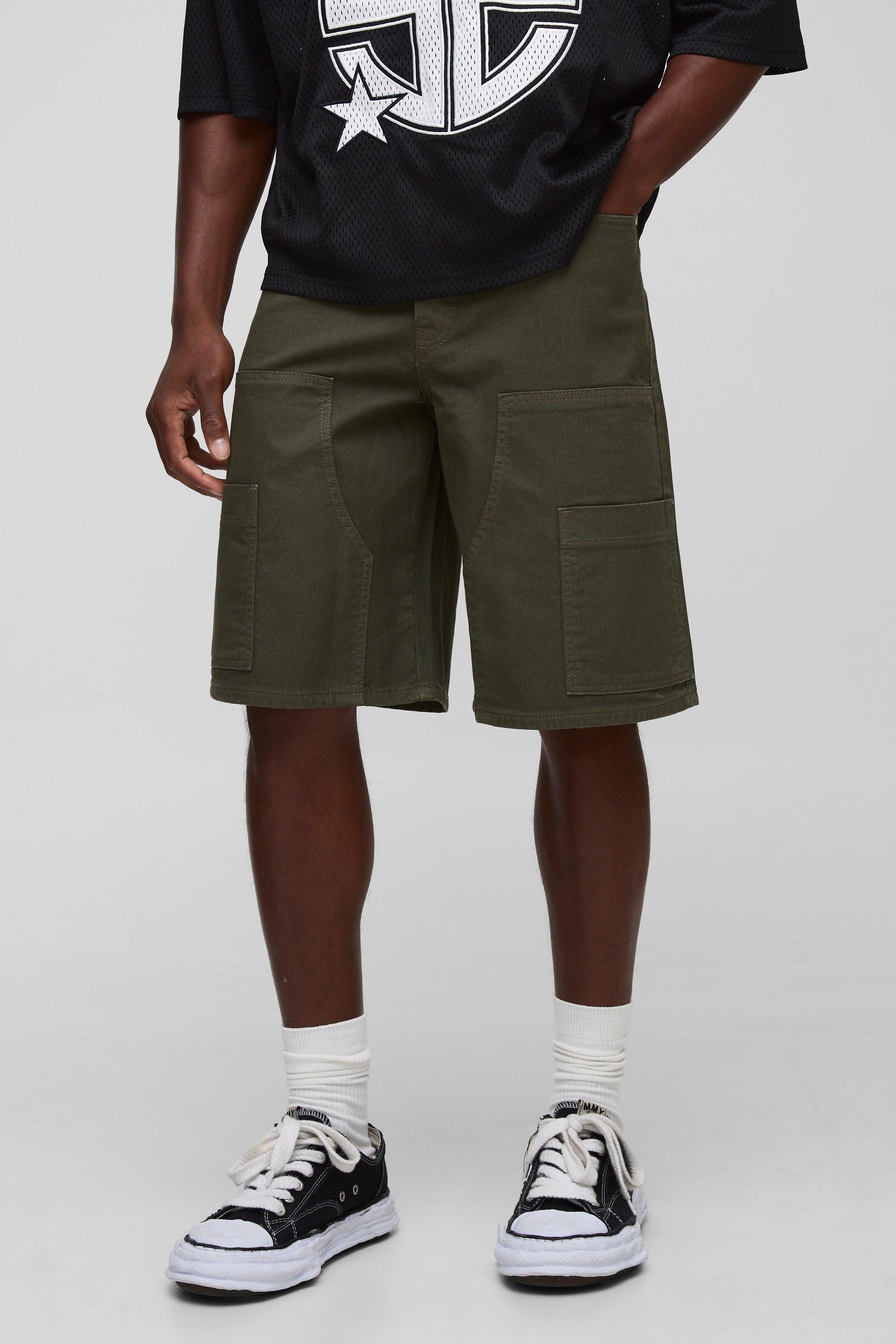Mens Green Regular Fit Carpenter Cargo Overdyed Denim Jorts, Green