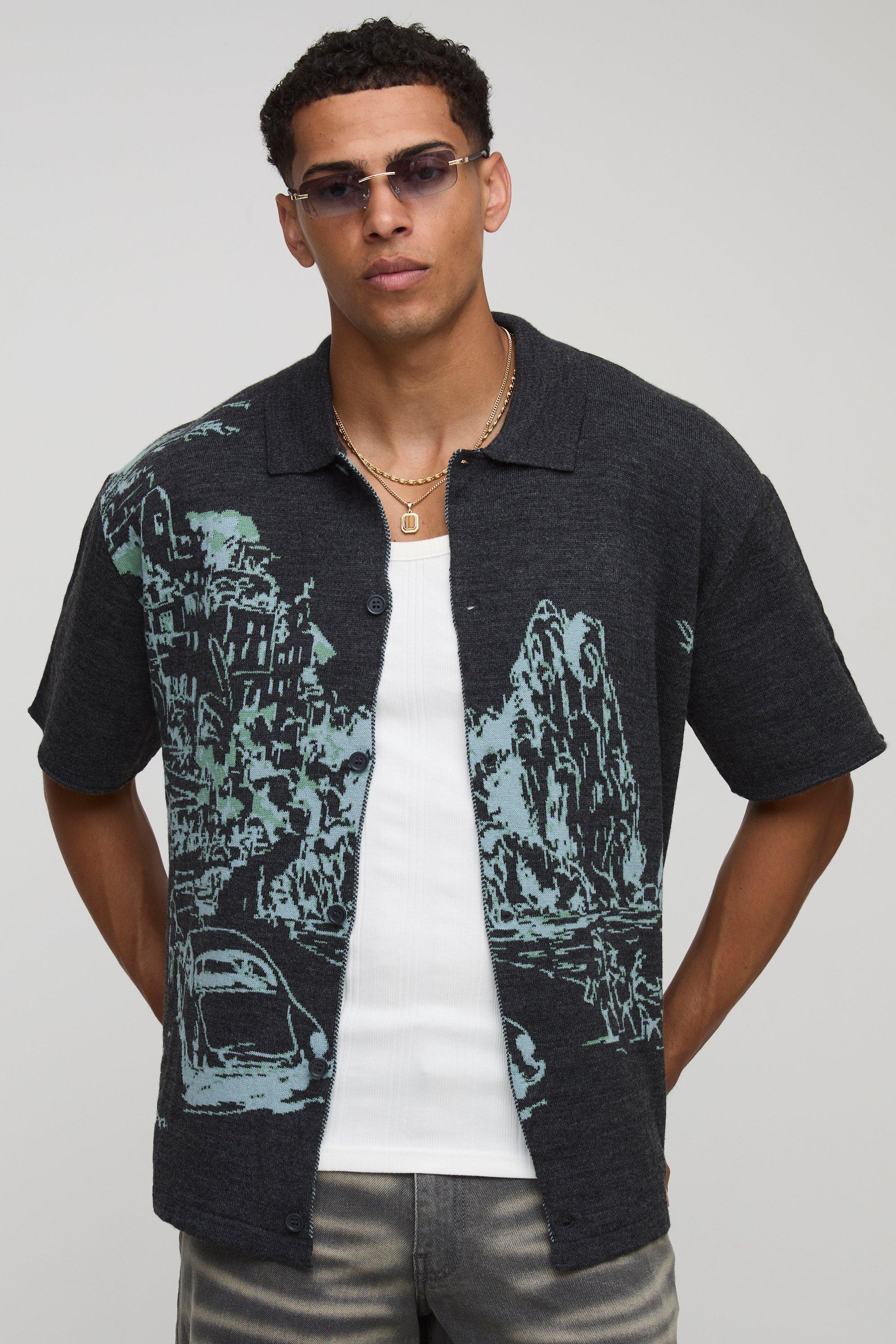 Image of Regular Fit Line Resort Scenic Jacquard Knitted Shirt, Nero