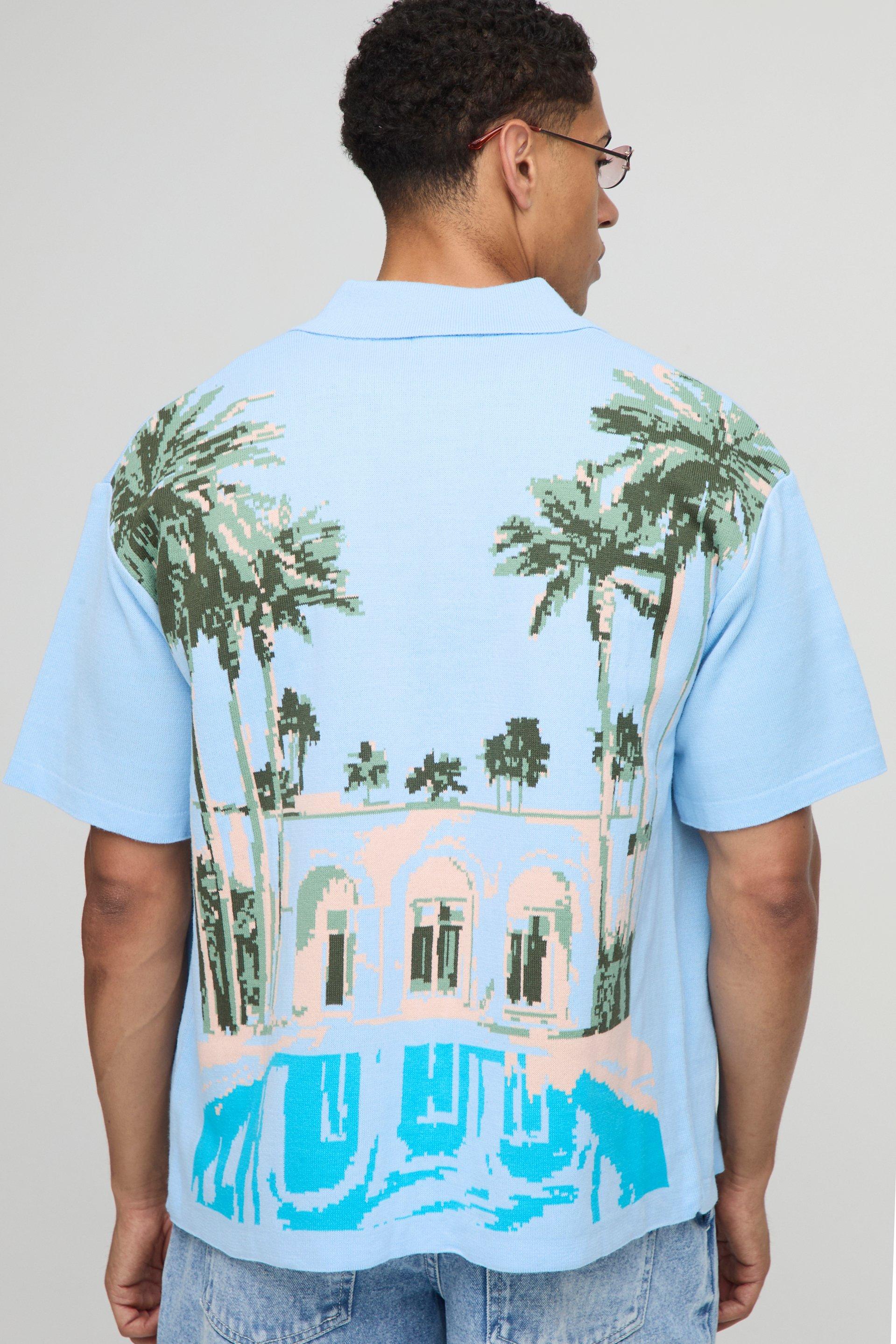 Image of Boxy Fit Resort Scenic Jacquard Knitted Shirt, Azzurro