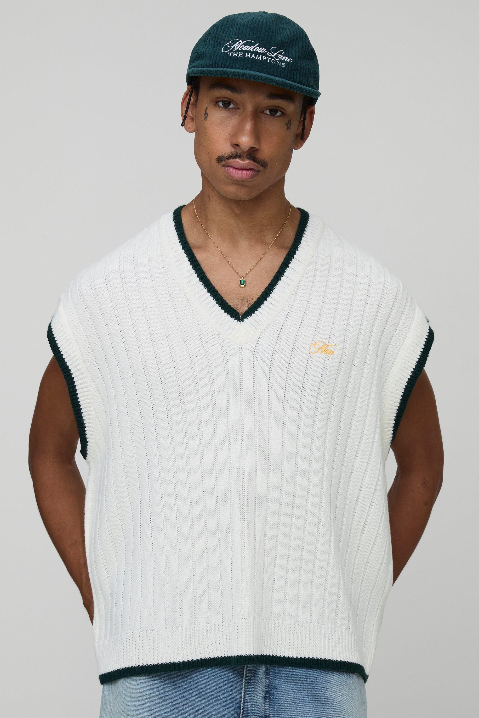 Mens Cream MAN Embroidered Oversized V Neck Rib Knitted jumper Vest, Cream