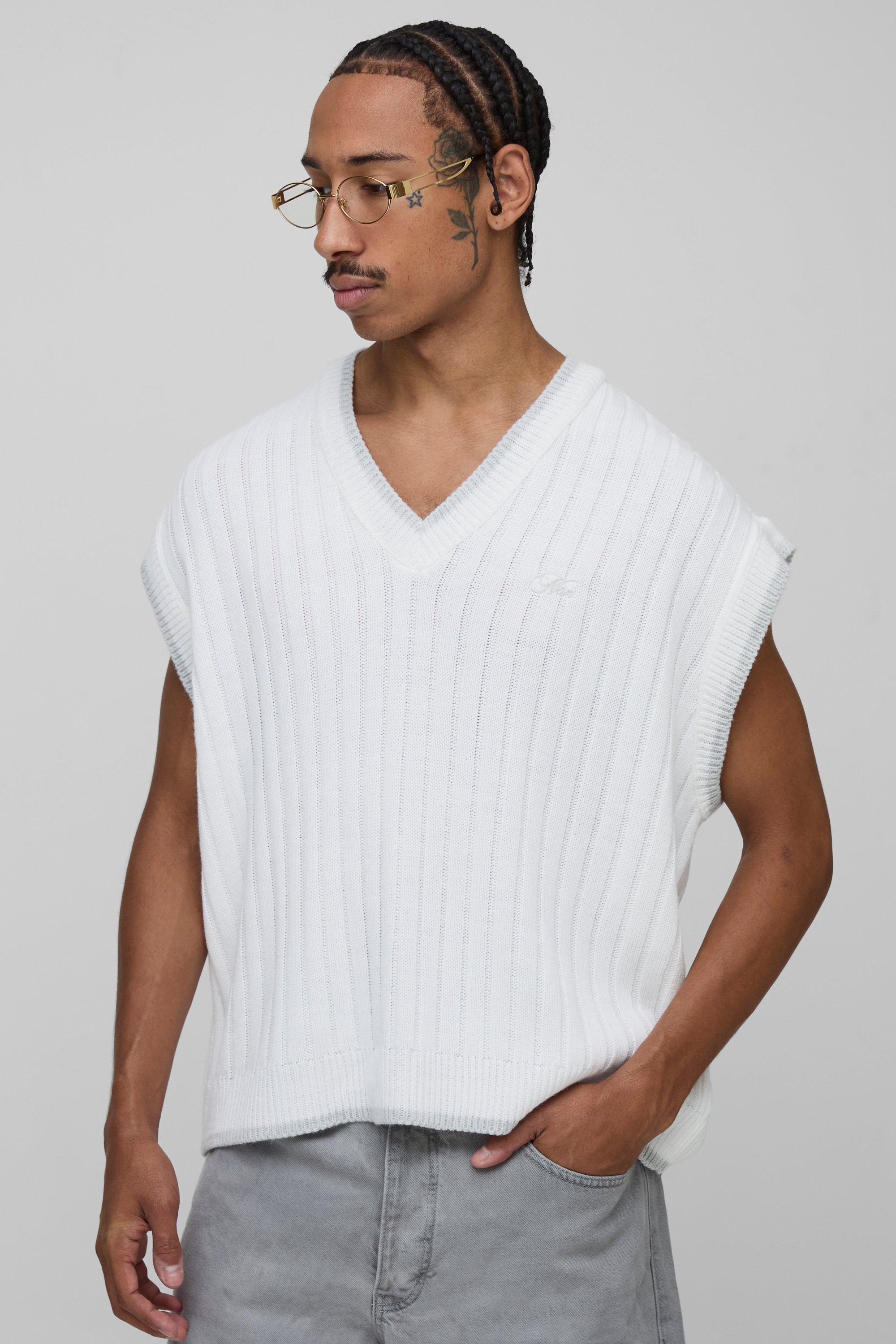 Mens White MAN Embroidered Oversized V Neck Rib Knitted jumper Vest, White