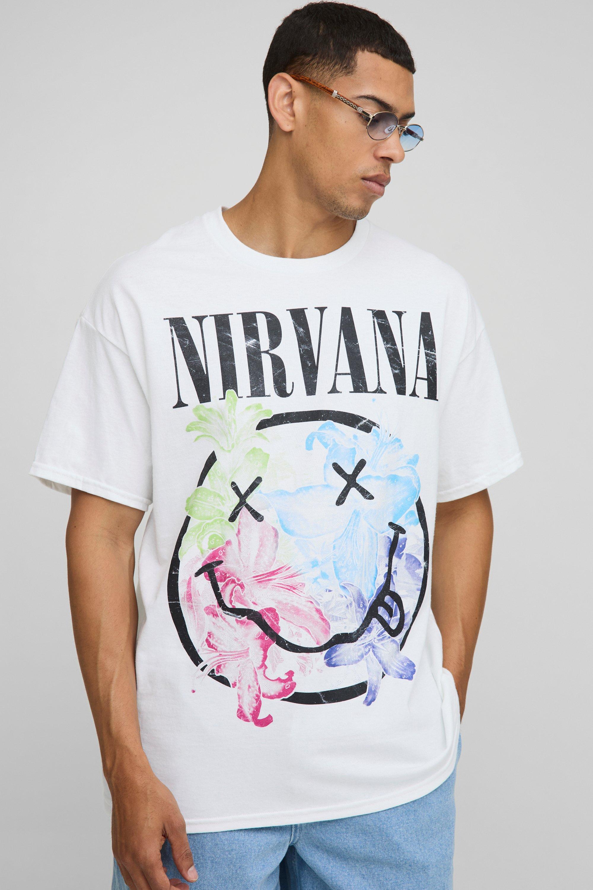 Mens White Oversized Nirvana License Printed T-Shirt, White