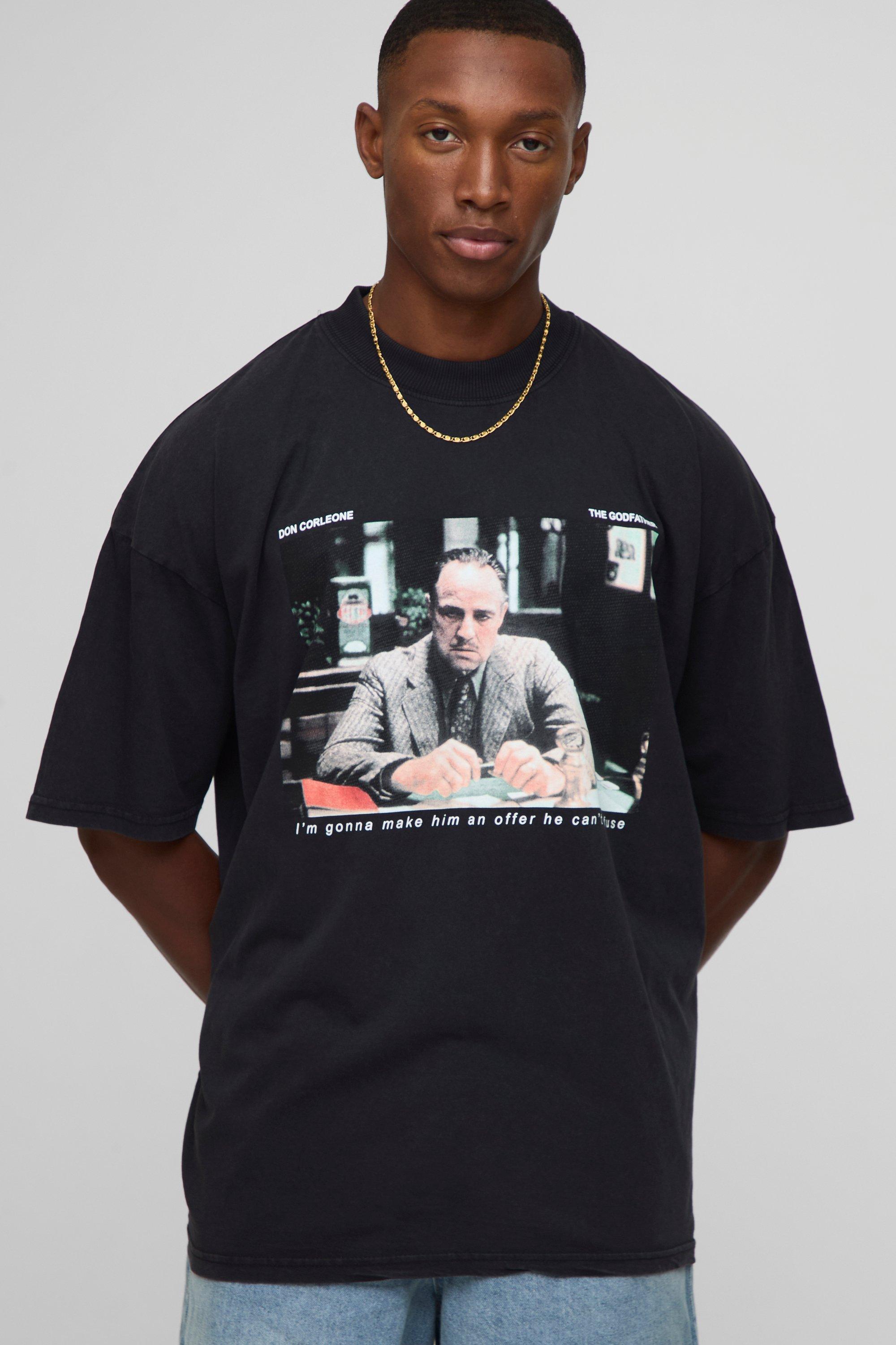 Image of Black Oversized Extended Neck Acid Wash The Godfather License Printed T-Shirt, Grigio