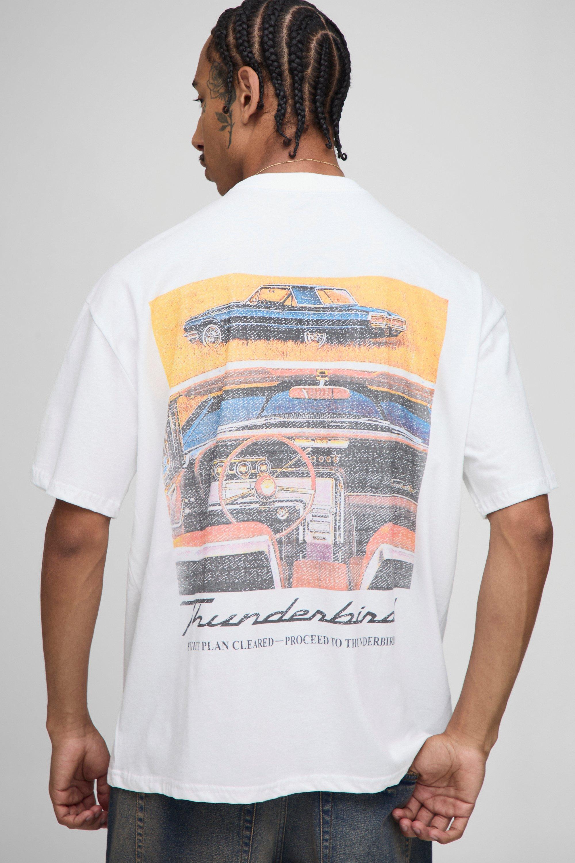 Mens White Oversized Ford Thunderbird Car License Printed T-Shirt, White