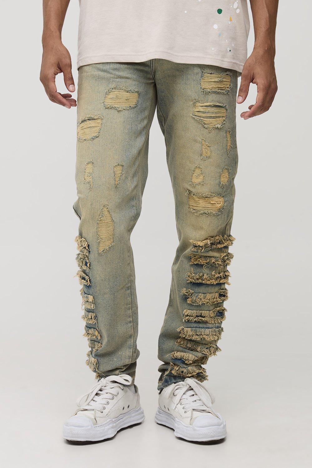 Mens Blue Slim Stacked Ripped Washed Jeans, Blue