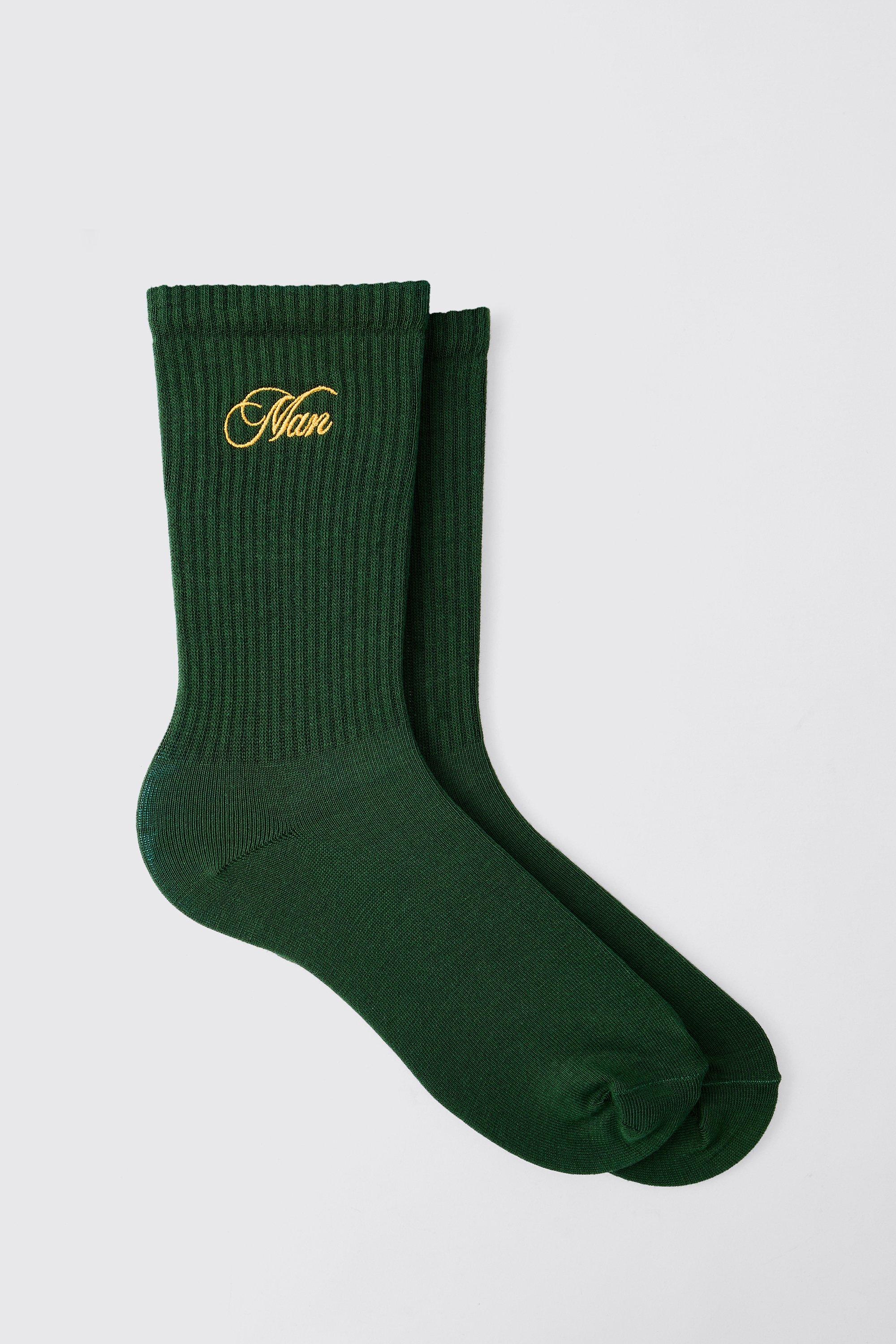 Mens Green Forest MAN Embroidered Ribbed Sport Sock, Green