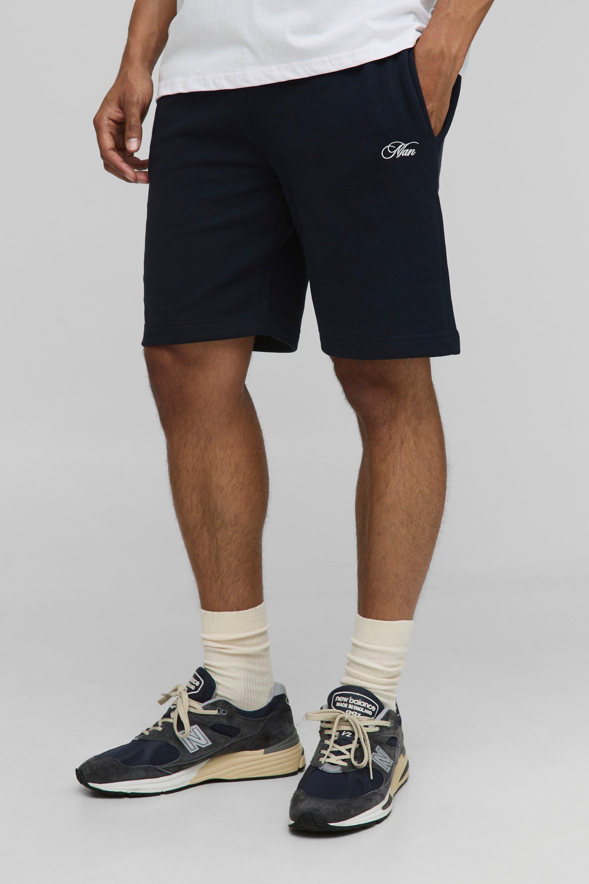Mens Navy Loose Fit MAN Script Basic Shorts, Navy
