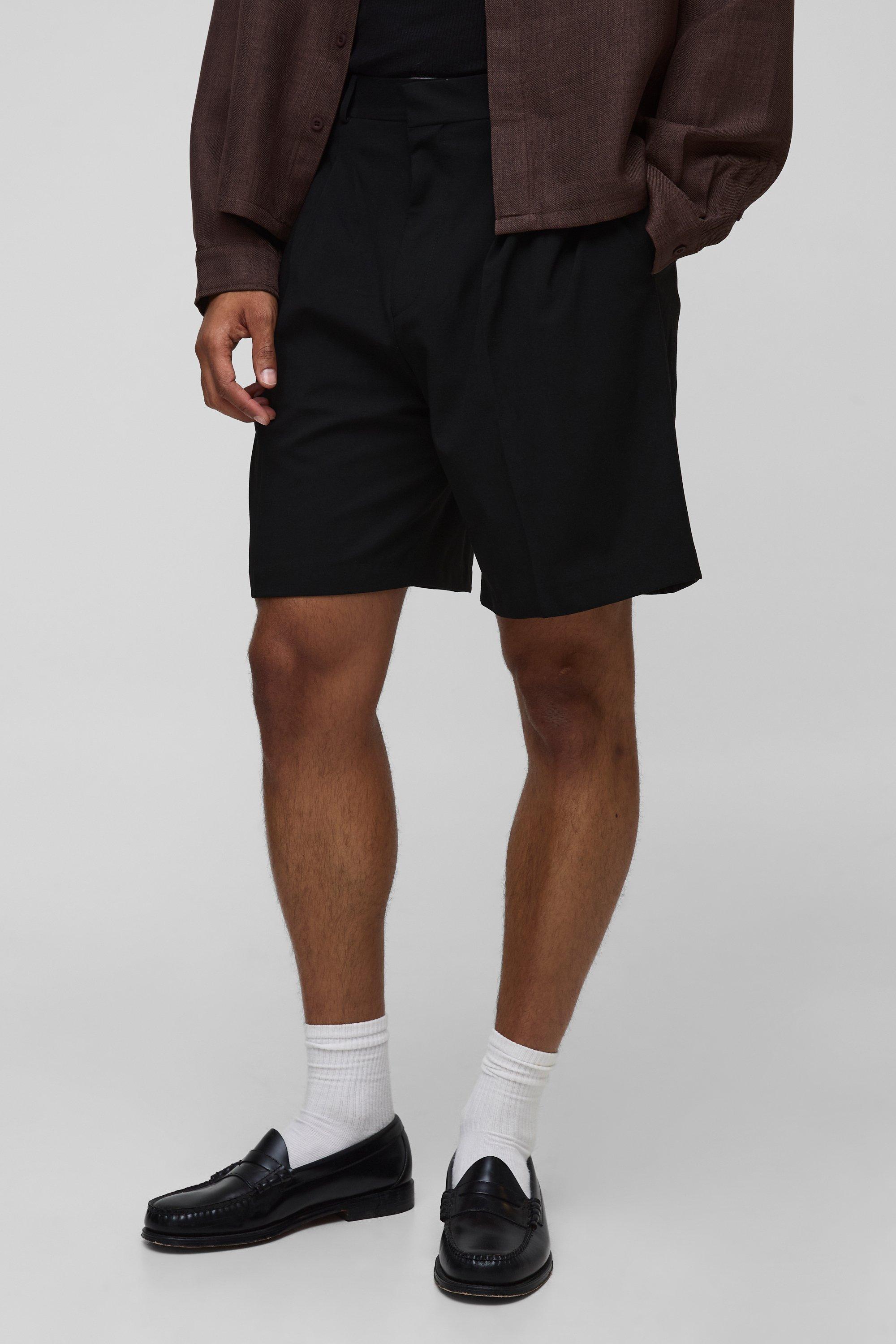 Mens Black Pleated Fixed Waistband Tailored Jorts, Black
