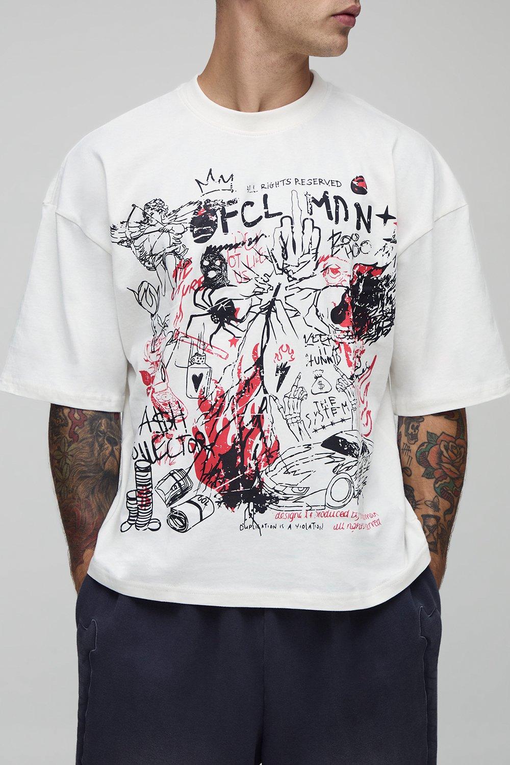 Image of White Oversized Boxy Ofcl Man Printed T-Shirt, Bianco