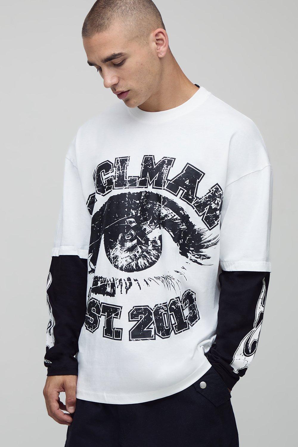 Mens White Oversized Faux Layer Ofcl Man Varsity Printed Long Sleeve T-Shirt, White