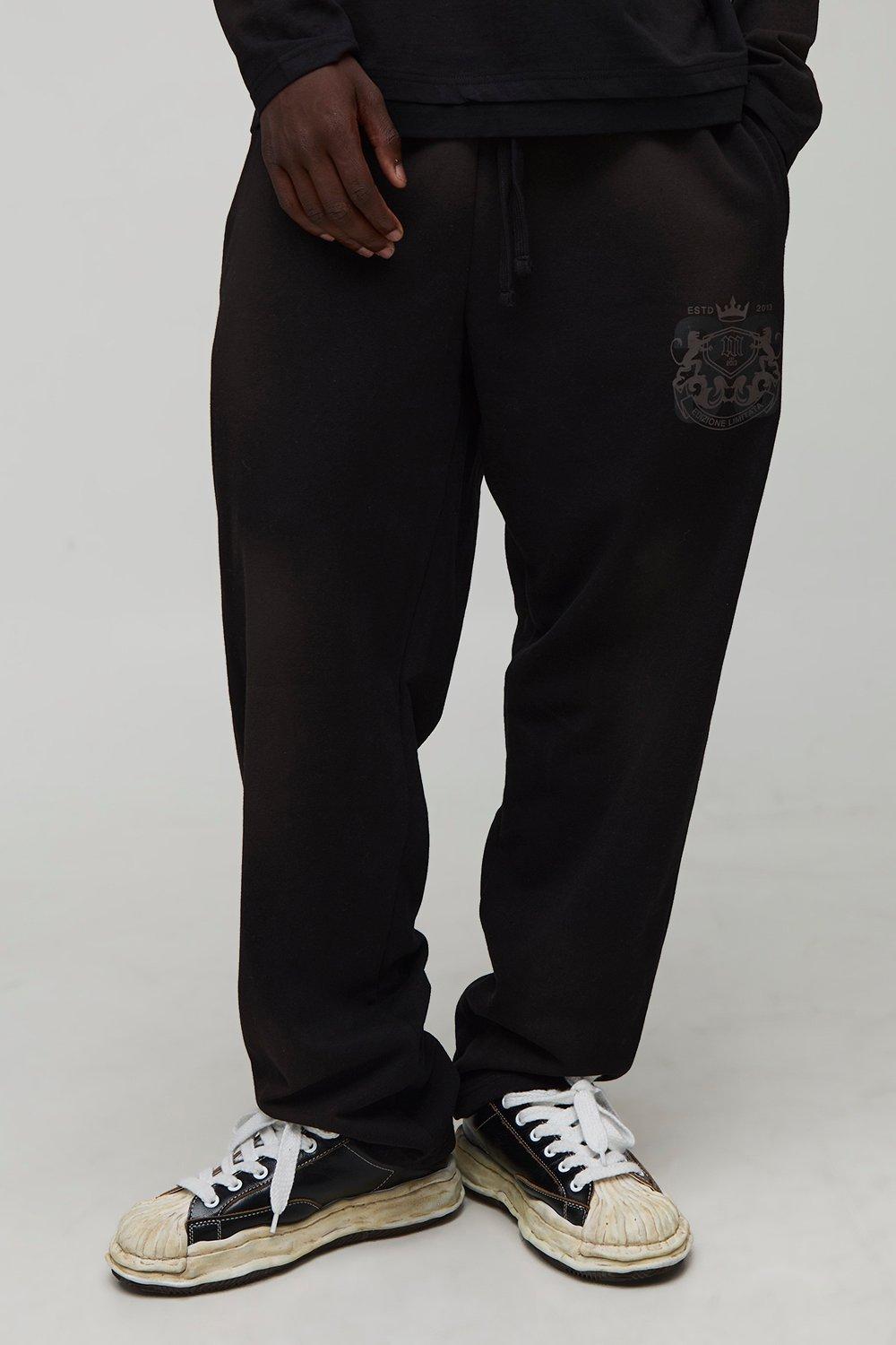 Mens Black Oversized Varsity Graphic Washed Joggers, Black