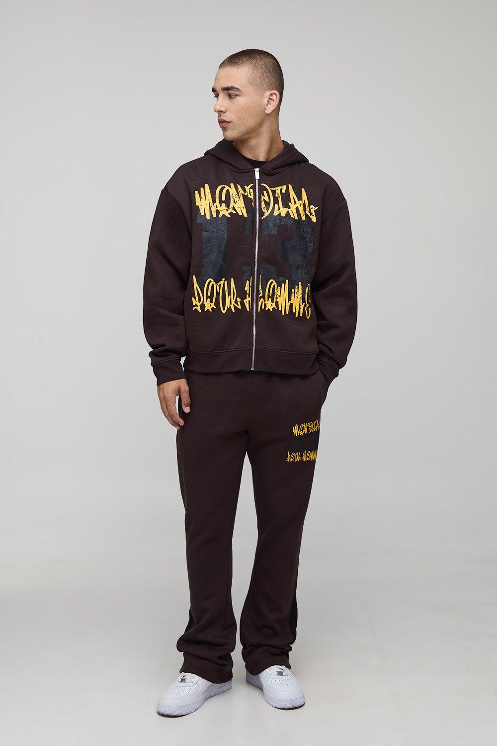 Image of Oversized Boxy Graffiti 13 Varsity Zip Through Hooded Tracksuit, Brown